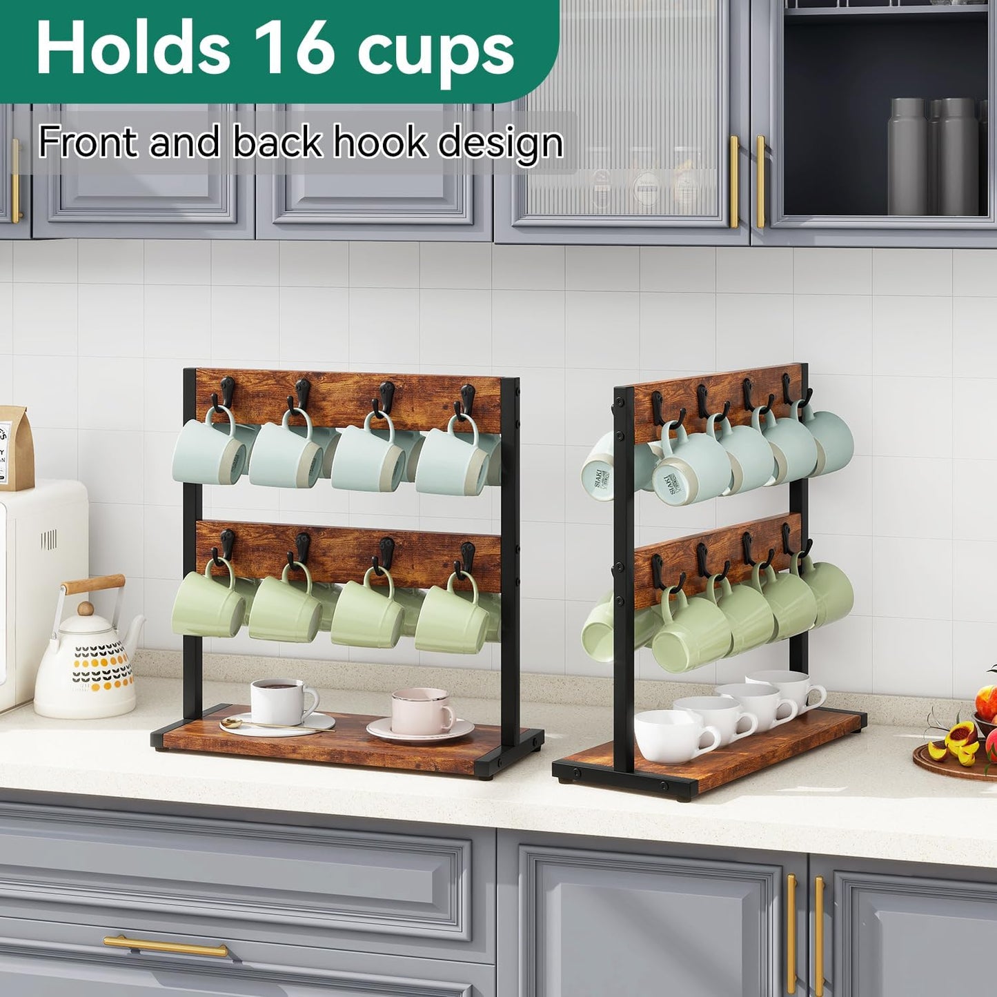 IBUYKE Coffee Mug Holder for Countertop,16 Hook Mug Tree,Brown TBJ001H | Coffee Cup Holder Mug Display Organizer Mug