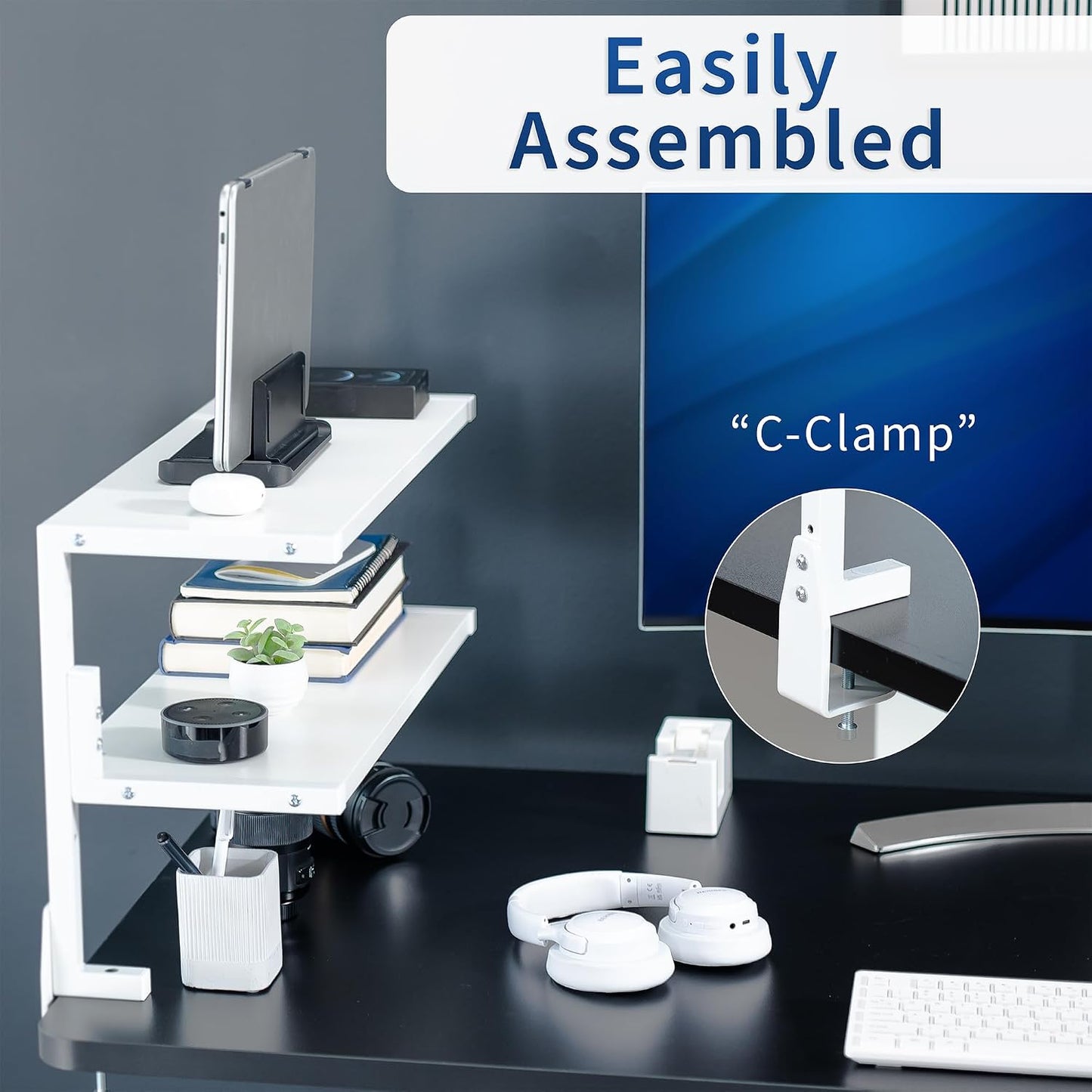 VIVO White Clamp-on 24 inch 2-Tier Desk Shelf, STAND-SHELF24C-W | Above or Below Desk, 2 Level Shelving Unit for Table
