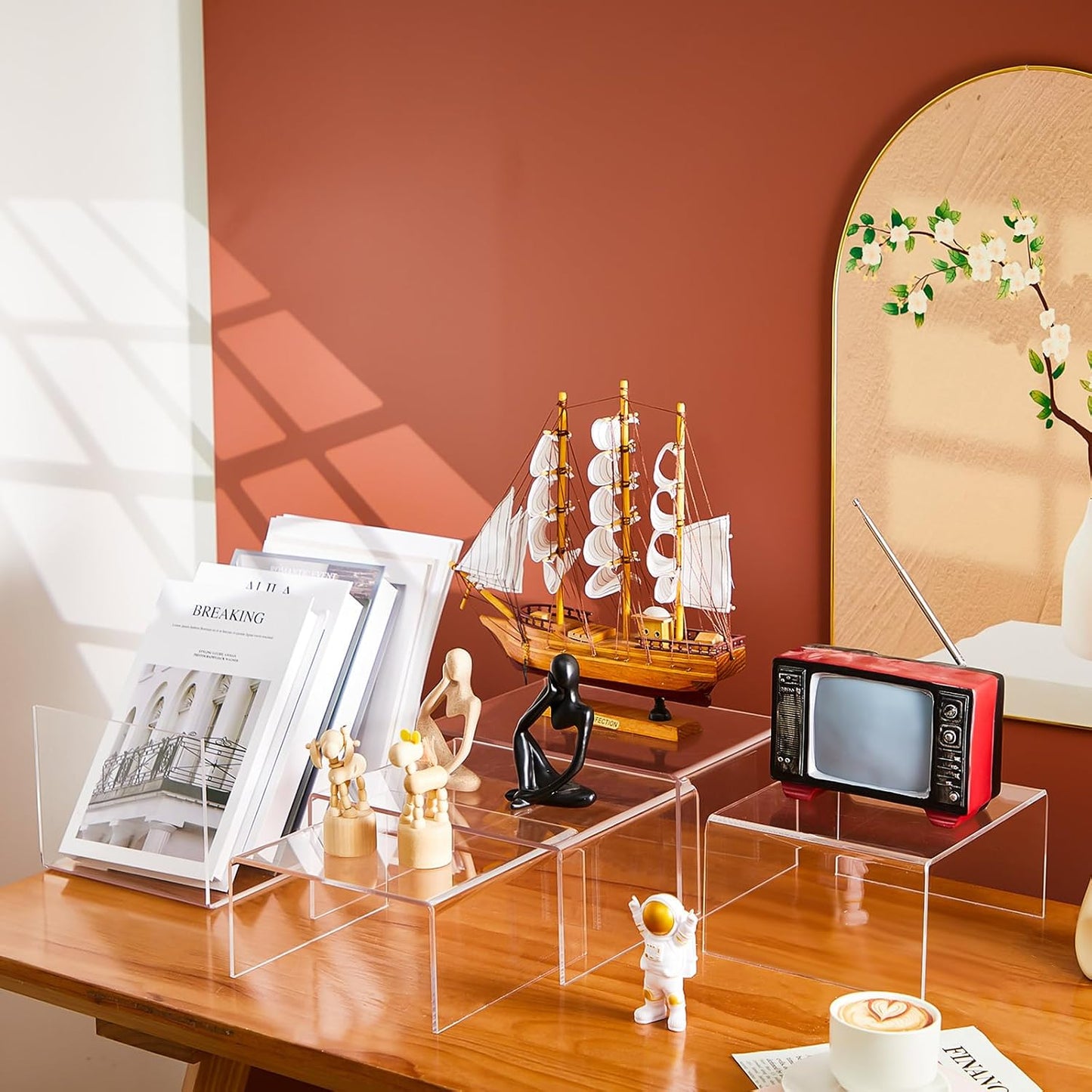 RattanView 5 Pcs Extra Large 12,11,10,9,8 Inch Acrylic Display Risers Clear Acrylic Shelf Riser Display Stands 5 mm