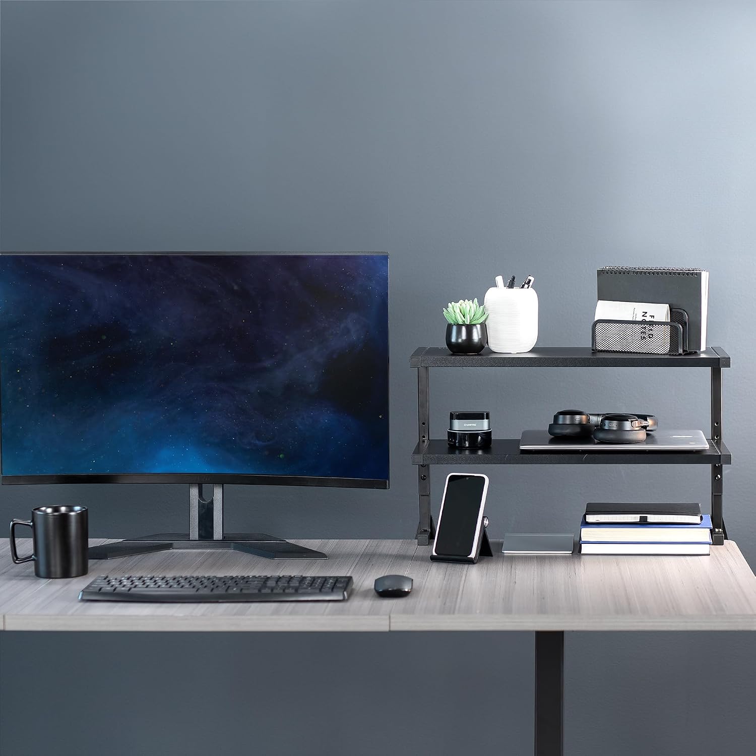 VIVO Black Clamp-on 24 inch 2-Tier Desk Shelf, STAND-SHELF24C | Above or Below Desk, 2 Level Shelving Unit for Table