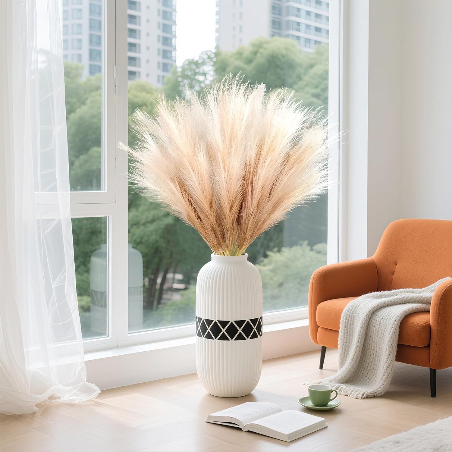 35.4" Fluffy Large Artificial Pompous Grass Branches / Beige / 35.4inch / Set of 8