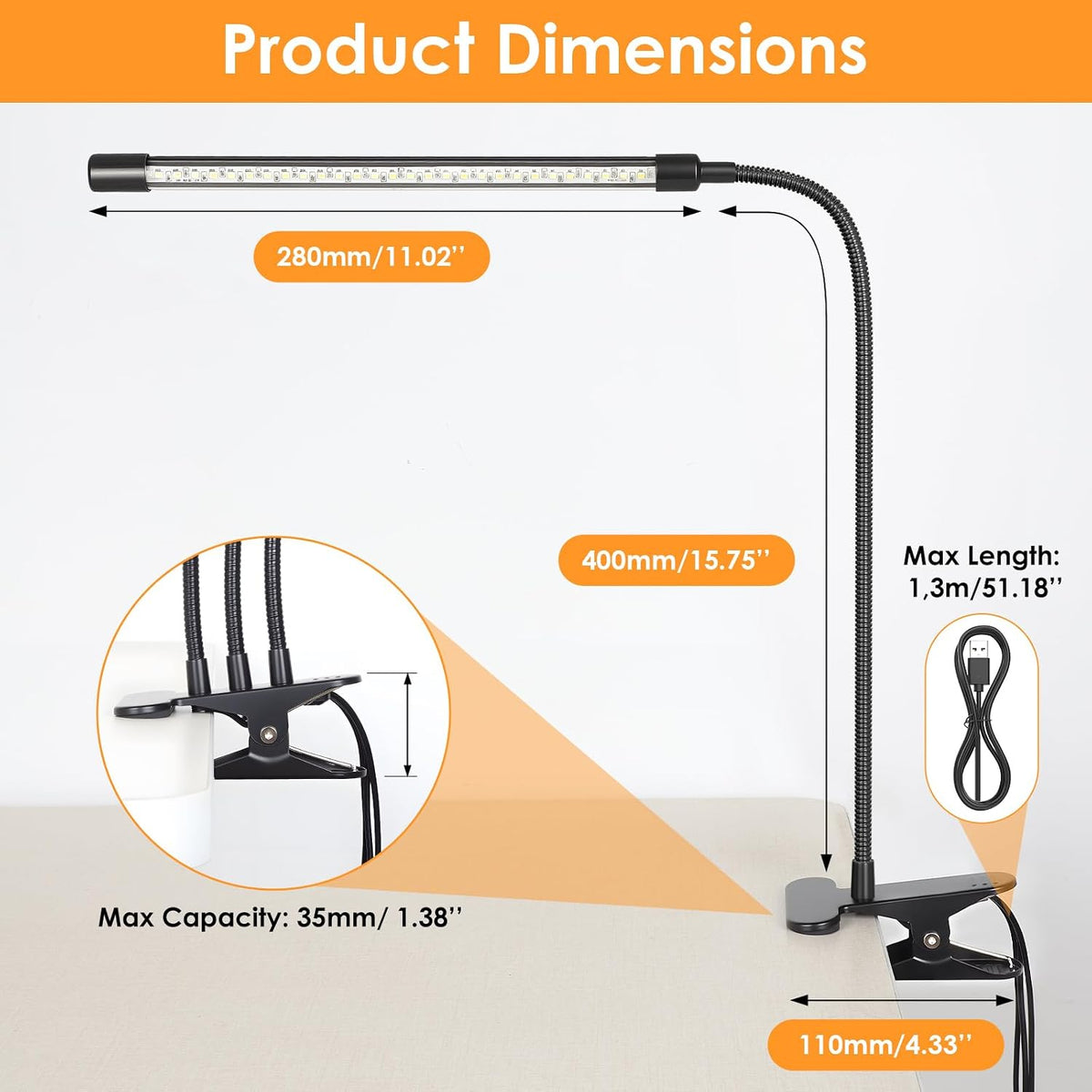 ShineTech 3-Head LED Desk Lamp with Clamp, Eye-Caring Clip on Lights | Ultra-Wide Lighting, 4 Color Modes, Stepless
