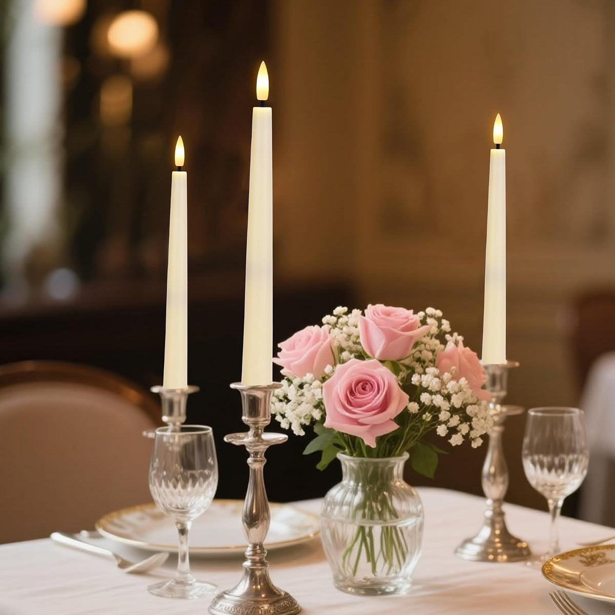 Flameless Taper Candles with Remote, Flickering Battery Operated Candles | Ivory Plastic LED Candlesticks, 9.6 Inches