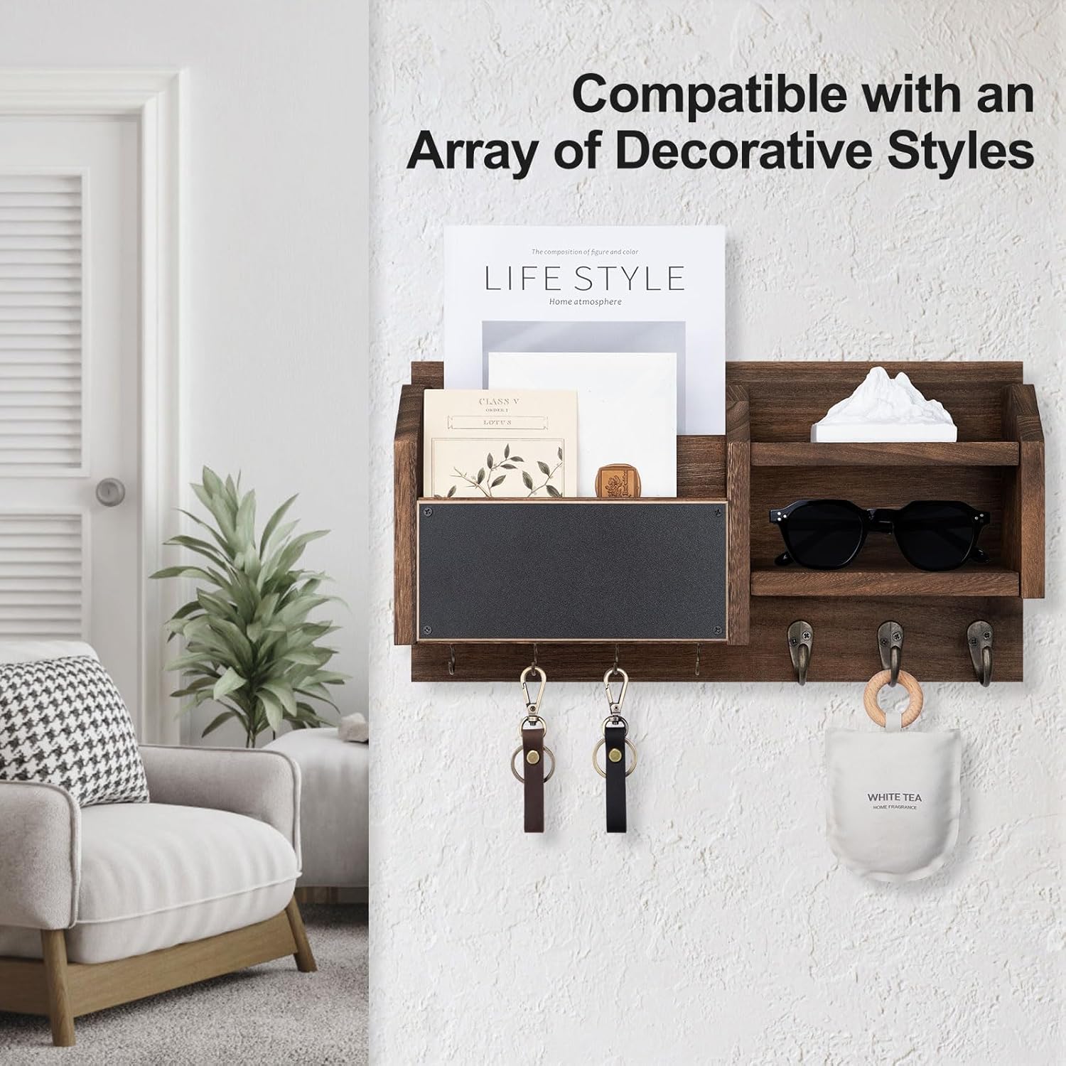 Shelf and 7 Metal Hooks / Brown