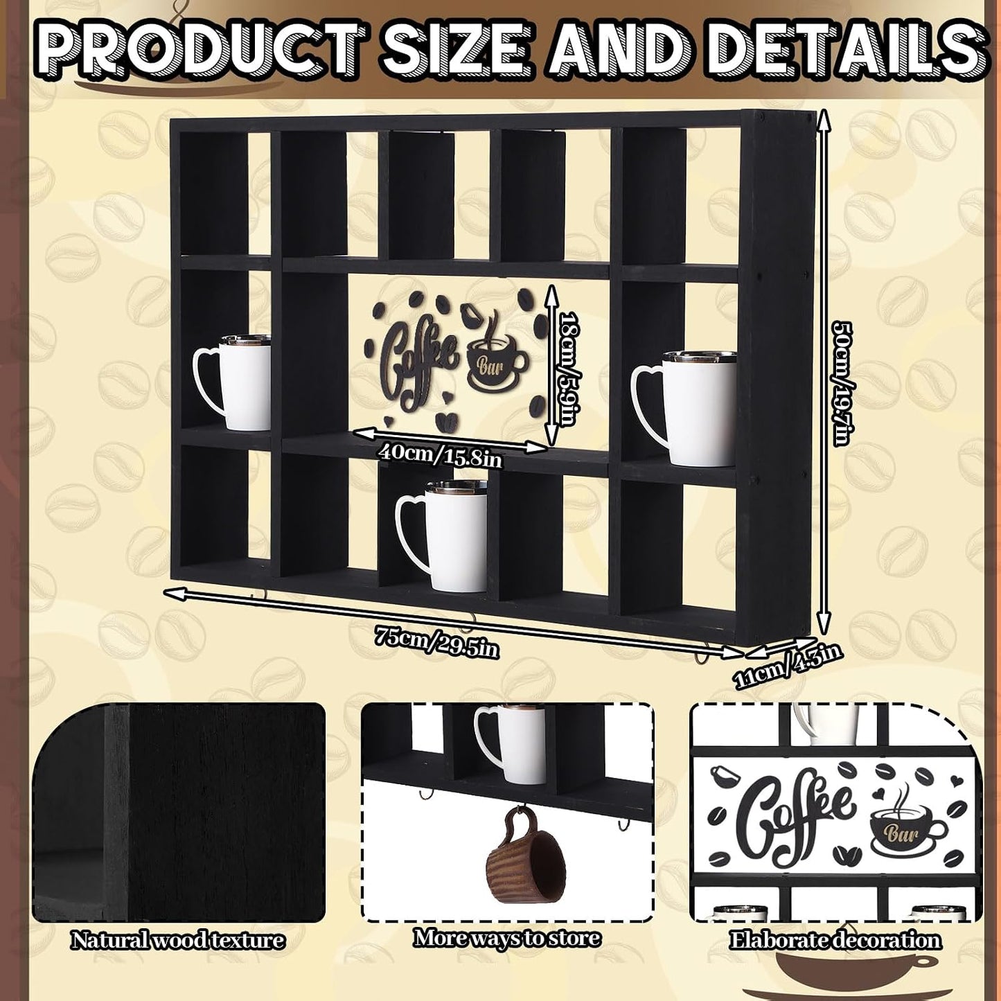 Cinnvoice Oversize Coffee Mug Display Shelf for Wall, Black | Wood Coffee Mug Rack, Wall Mounted Shelf, Cubes Cup Hooks