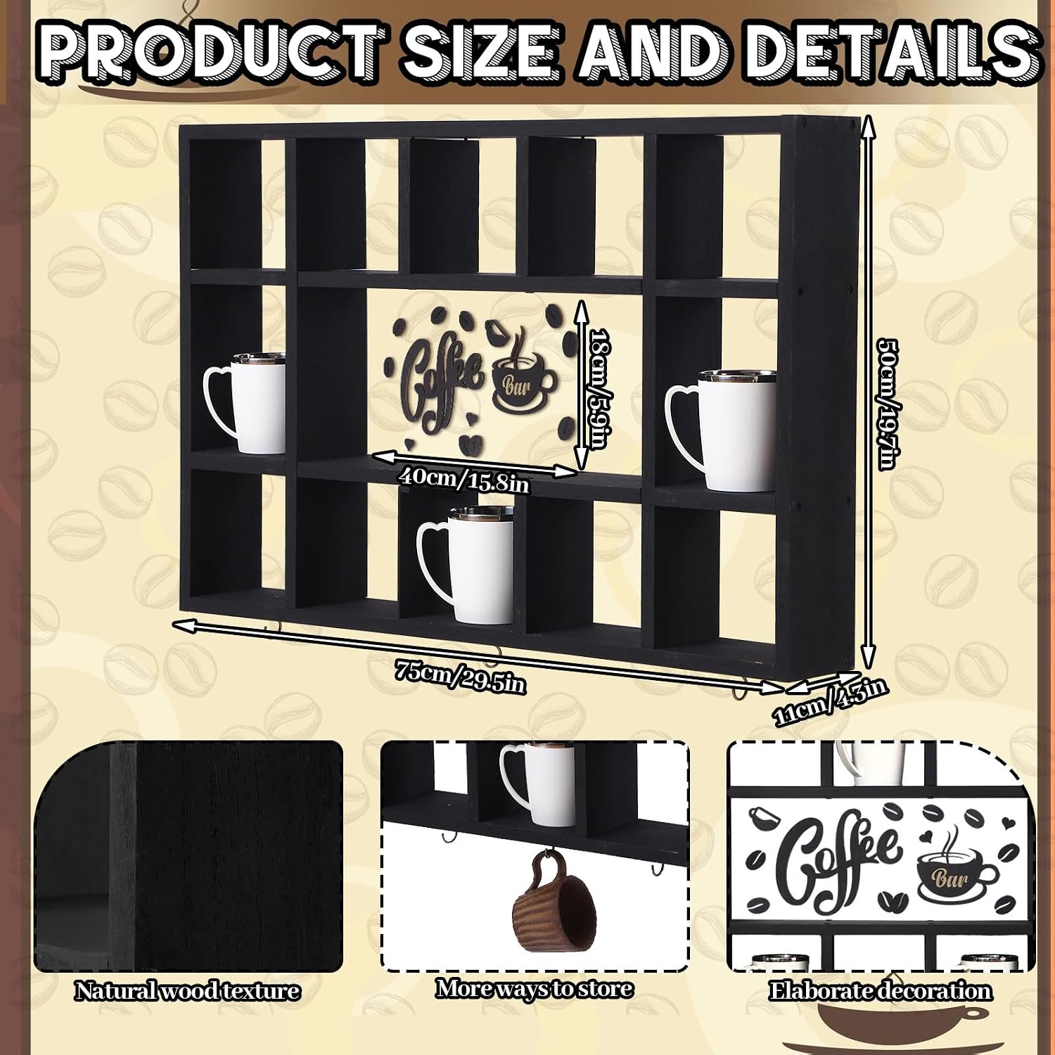 Cinnvoice Oversize Coffee Mug Display Shelf for Wall, Black | Wood Coffee Mug Rack, Wall Mounted Shelf, Cubes Cup Hooks