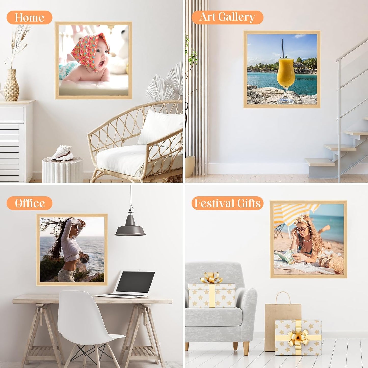 24x24 Wood Frame, Rustic Natural Wooden 24x24in Poster Picture Frame, Modern Beige Woodgrain 24 x 24inch Gallery Wall