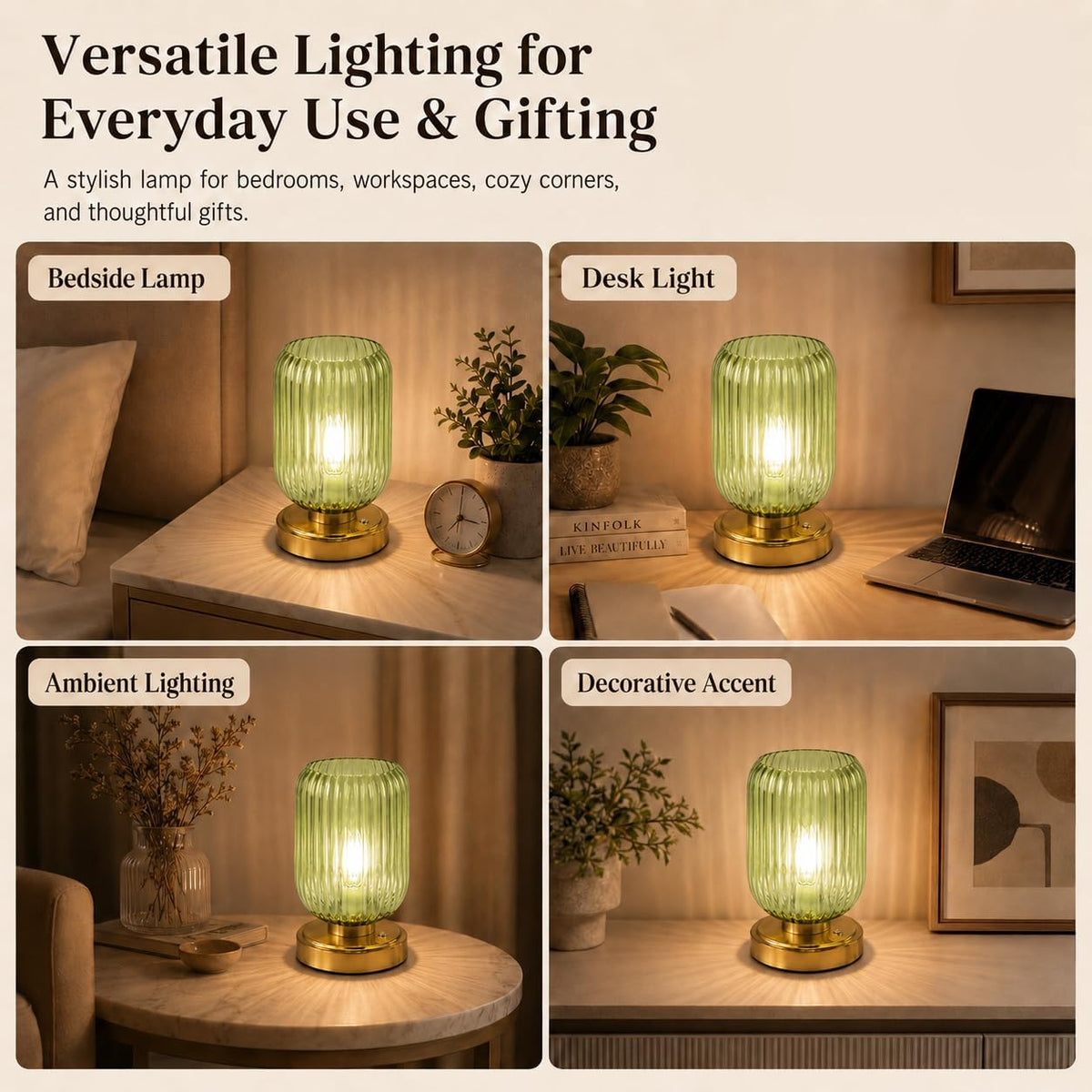Cordless Glass Table Lamp, 3 Color Modes & Stepless Dimming, Green | 7500mAh Rechargeable Battery Powered LED Desk