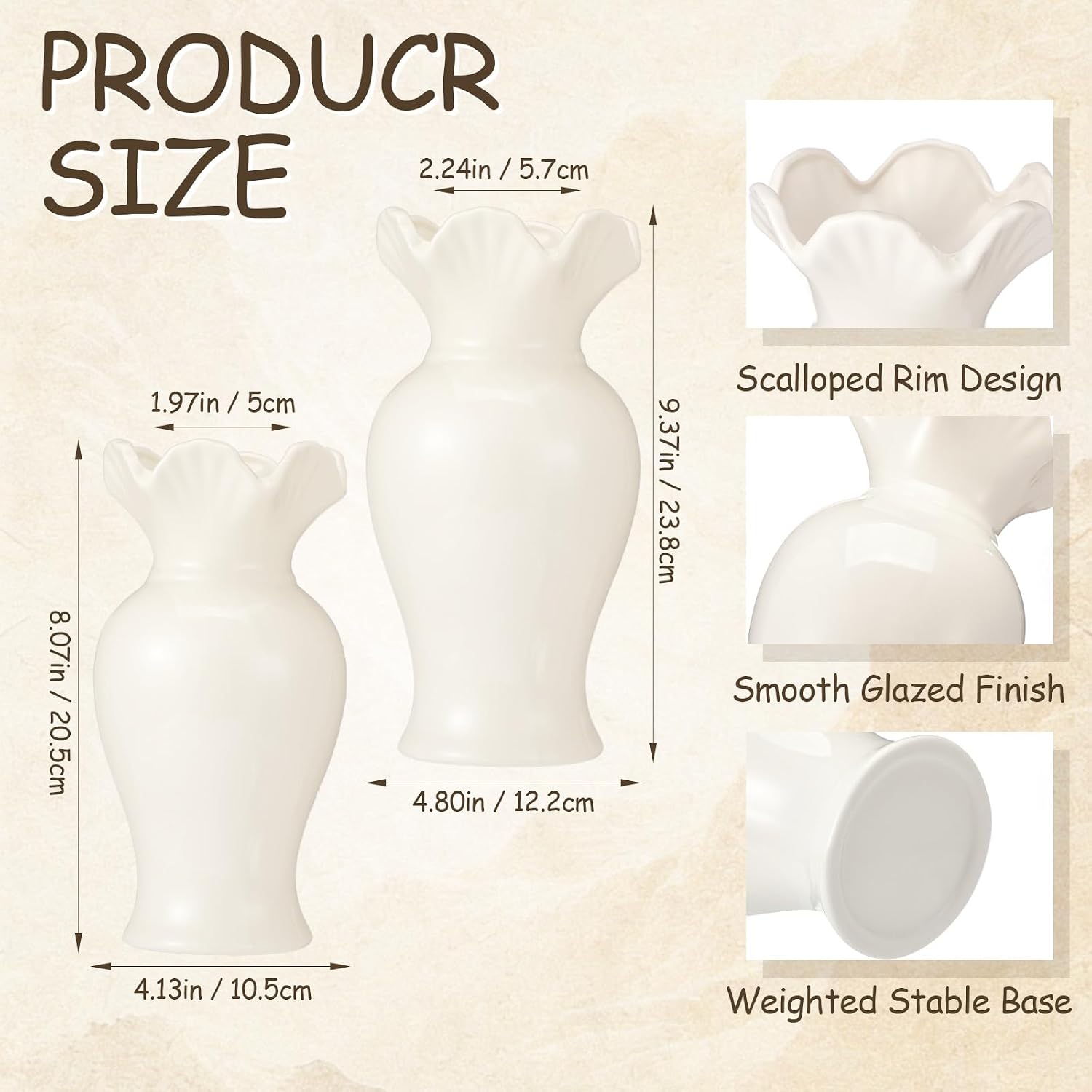Ceramic Vase Set Small Rustic Decorative Vases Home Decor / 6.7, 7.9in / Classic / White / Set of 2