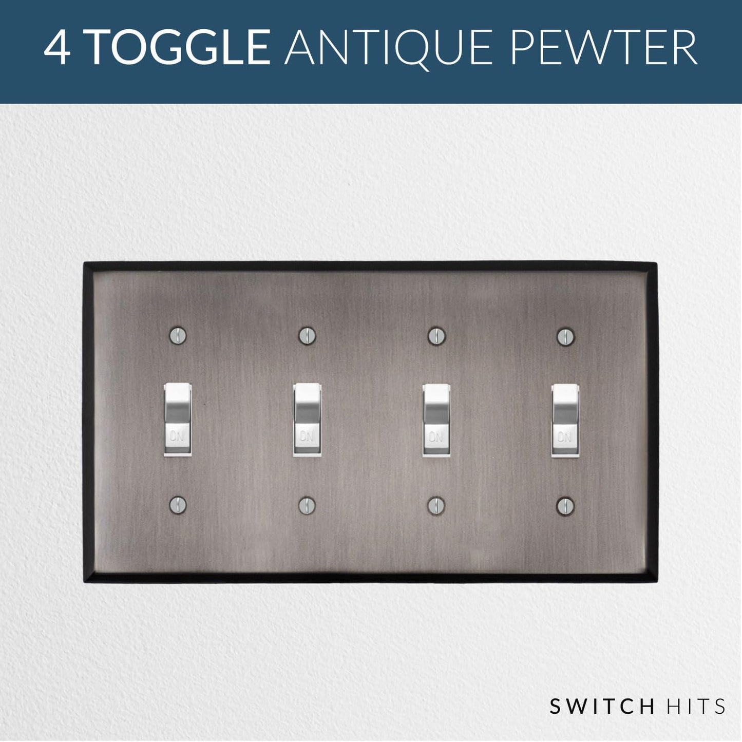 Antique Pewter Outlet Wall Plate | 4 Toggle | 8.25" x 4.5" | Hand-Polished Brass Construction | Electrical Switch Plate