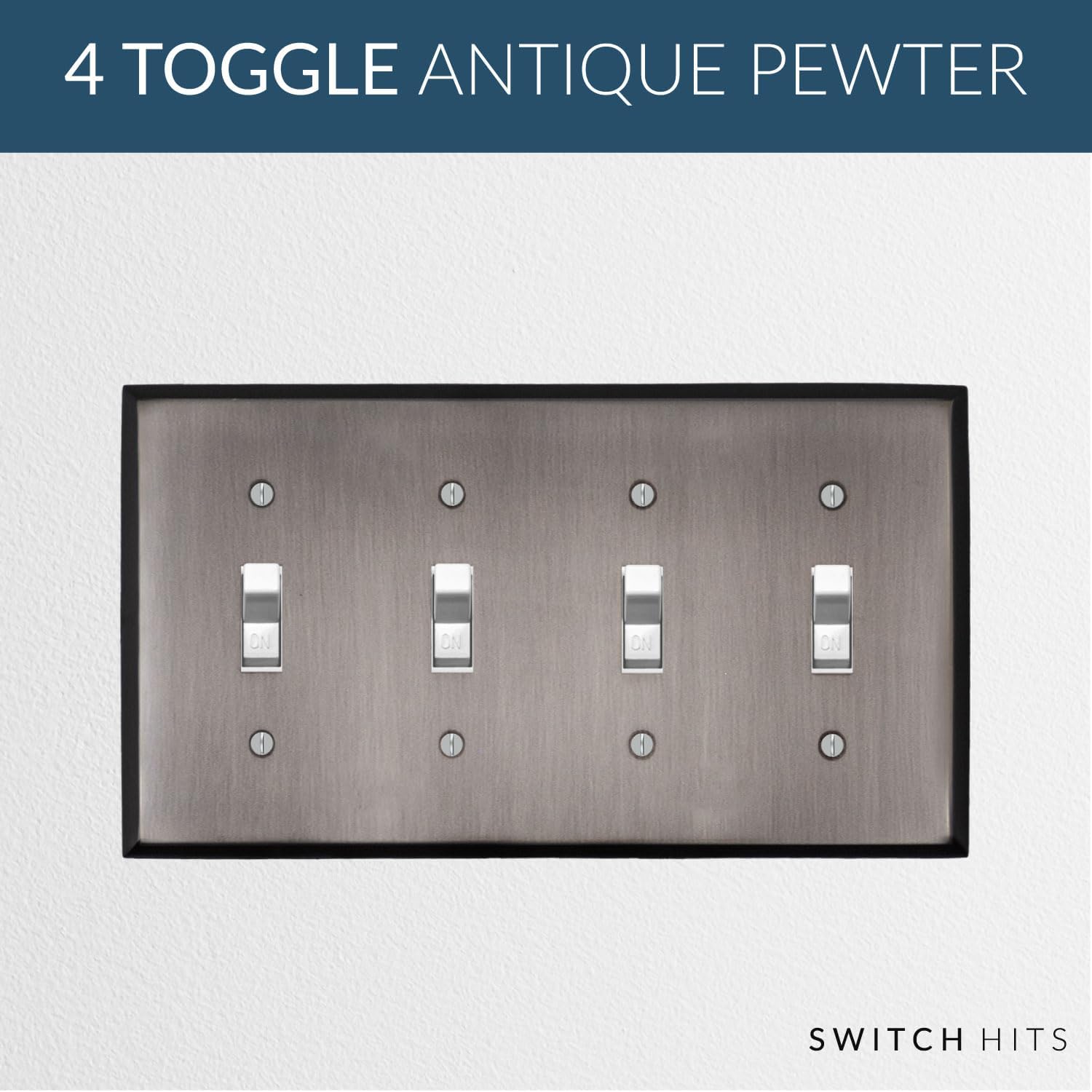 Antique Pewter Outlet Wall Plate | 4 Toggle | 8.25" x 4.5" | Hand-Polished Brass Construction | Electrical Switch Plate