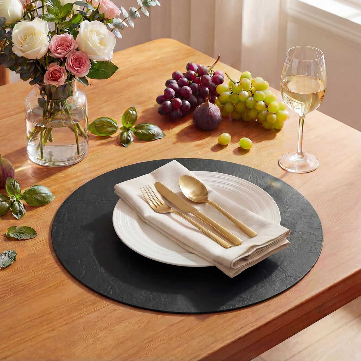 Artoid Mode Black Faux Leather Placemats Set of 8, 15 Inch Waterproof Wipeable Heat Resistant Vinyl Halloween Place