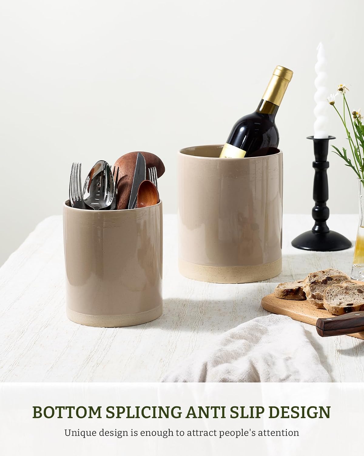 famiware Ceramic Utensil Holder, 7.2"+5.8", Set of 2, Cinnamon Brown | Cooking Utensil Crocks, Organizer for Spatula &