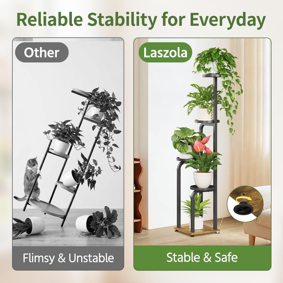 LASZOLA Plant Stand Shelf Tall Indoor Corner, 5 Tier Metal Black | Modern Multiple Flower Display Rack with Metal Tray