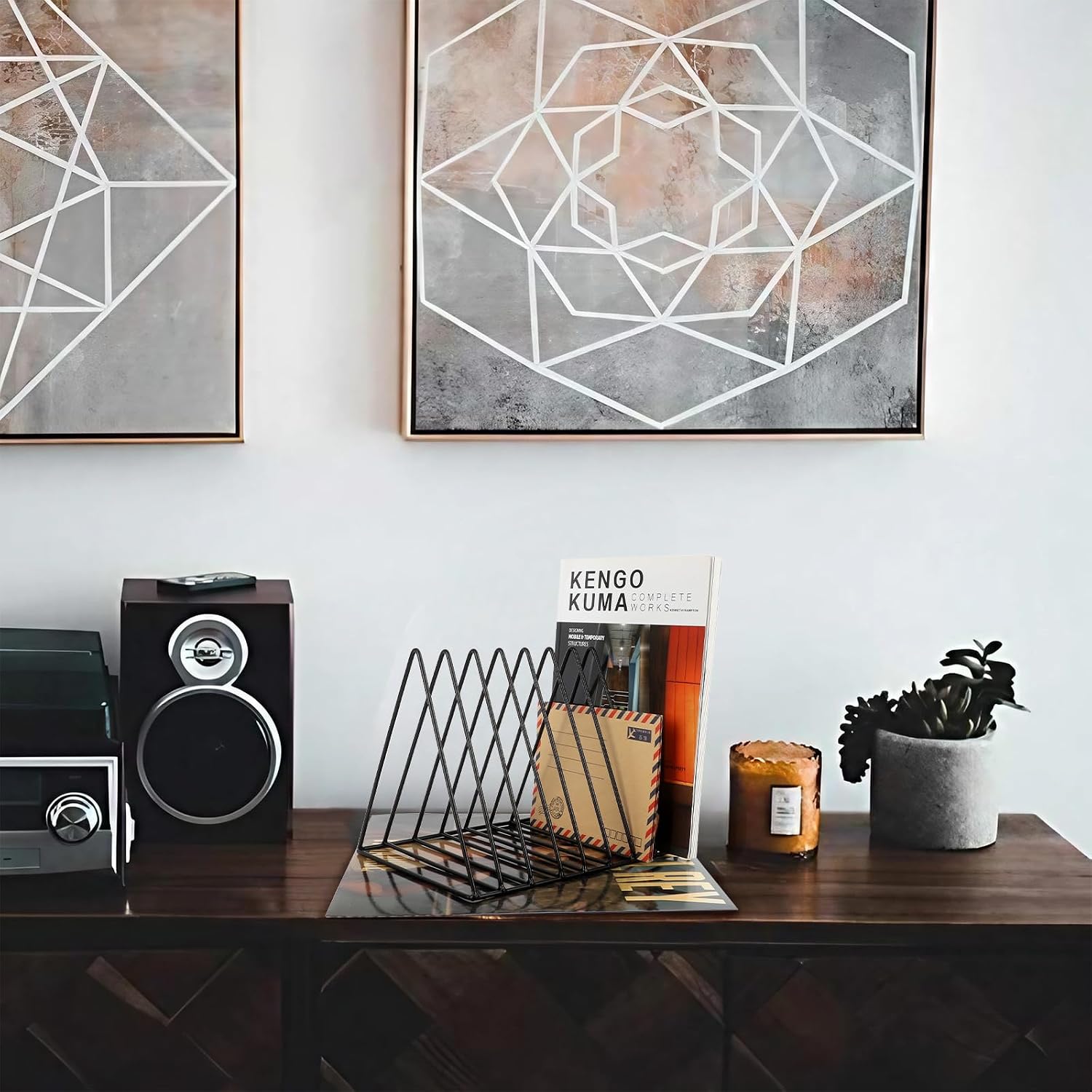 Vinyl Record Holder Storage, 9 Slot Metal Magazine Book Album Display Rack, Stylish Triangle Desktop File Sorter