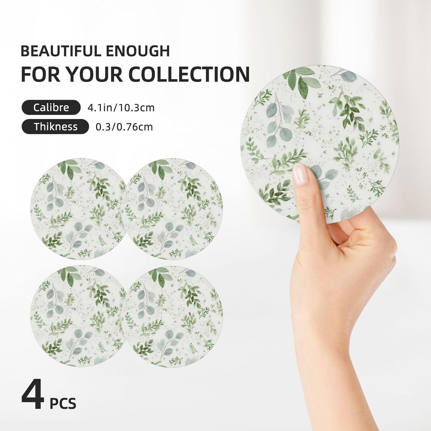 Leaves Coasters Absorbent Ceramic Drink Coaster / Green / 4 Inch / Set of 4