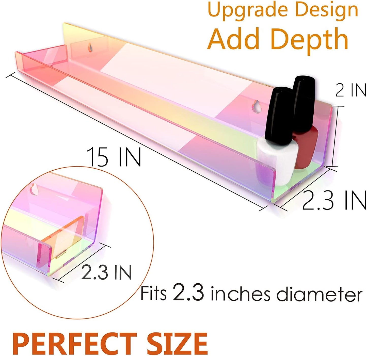 8 Pack 15 Inch Iridescent Acrylic Floating Wall Shelves, Rainbow Shelves | Modern Display Shelf for Sunglasses, Oils