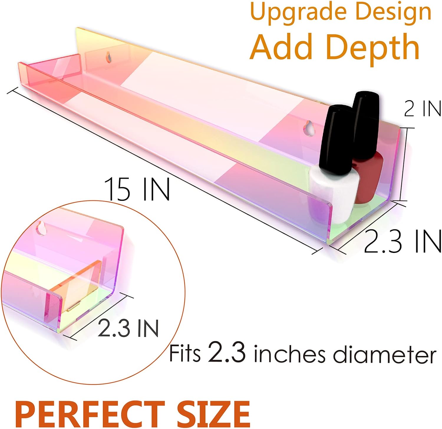 8 Pack 15 Inch Iridescent Acrylic Floating Wall Shelves, Rainbow Shelves | Modern Display Shelf for Sunglasses, Oils