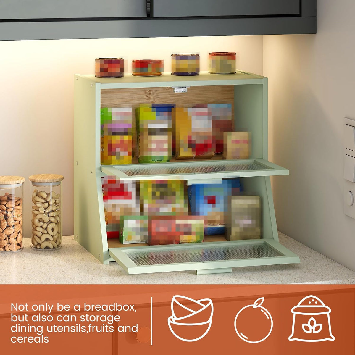 GHWIE Double Layer Bamboo Bread Box for Kitchen Counter,Large Capacity Bread Storage Bin,Bread Container with Acrylic