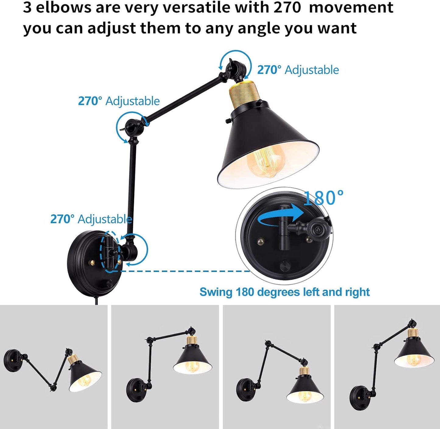 TRLIFE Wall Sconce Plug in, Dimmable Wall Sconce with Switch Swing Arm Wall Lights Plug in Wall Mounted Light Wall