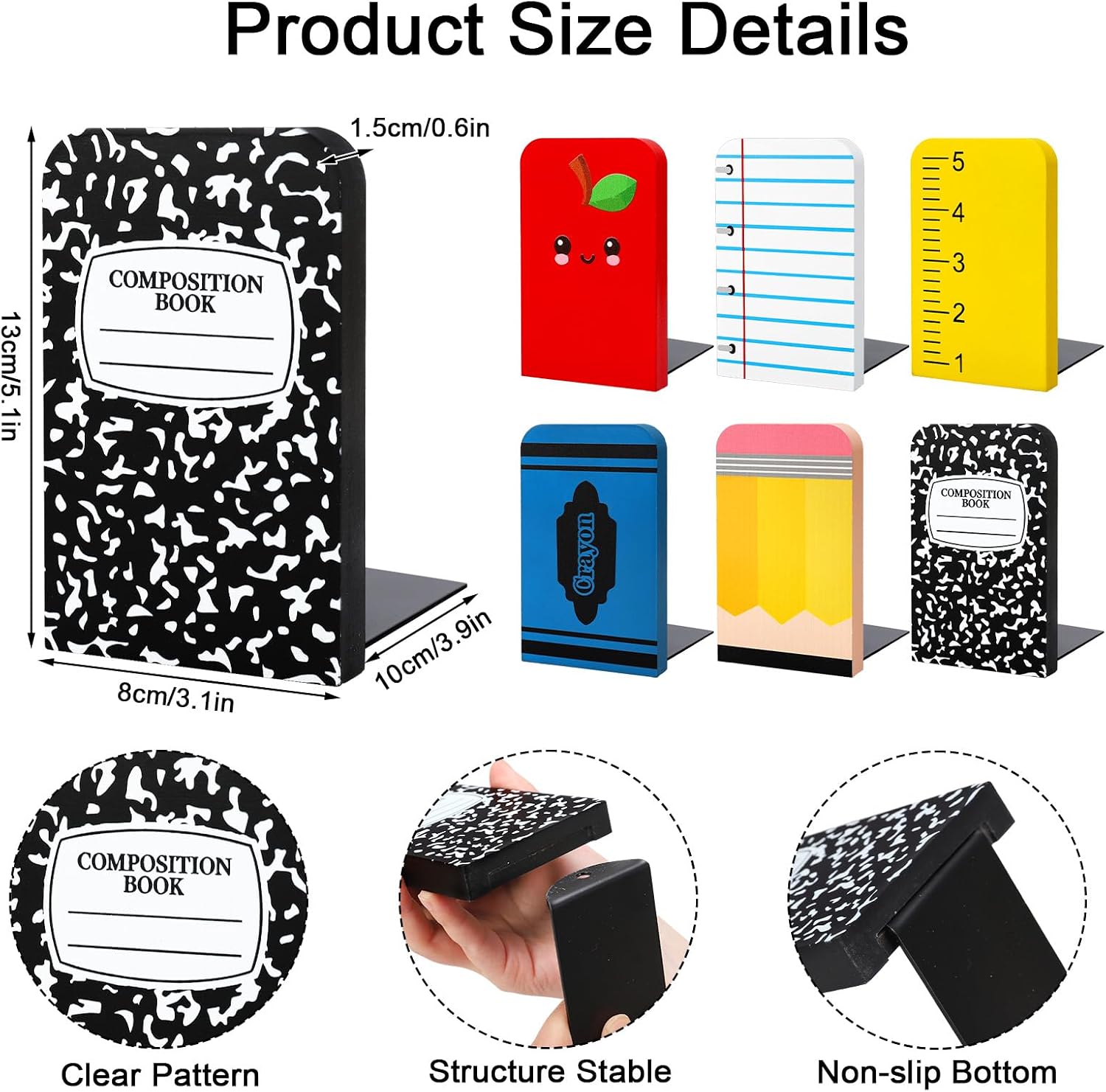 Back to School Wood Bookends Non Skid Book Stoppers Composition Notebook Pencil Crayon / Set of 6