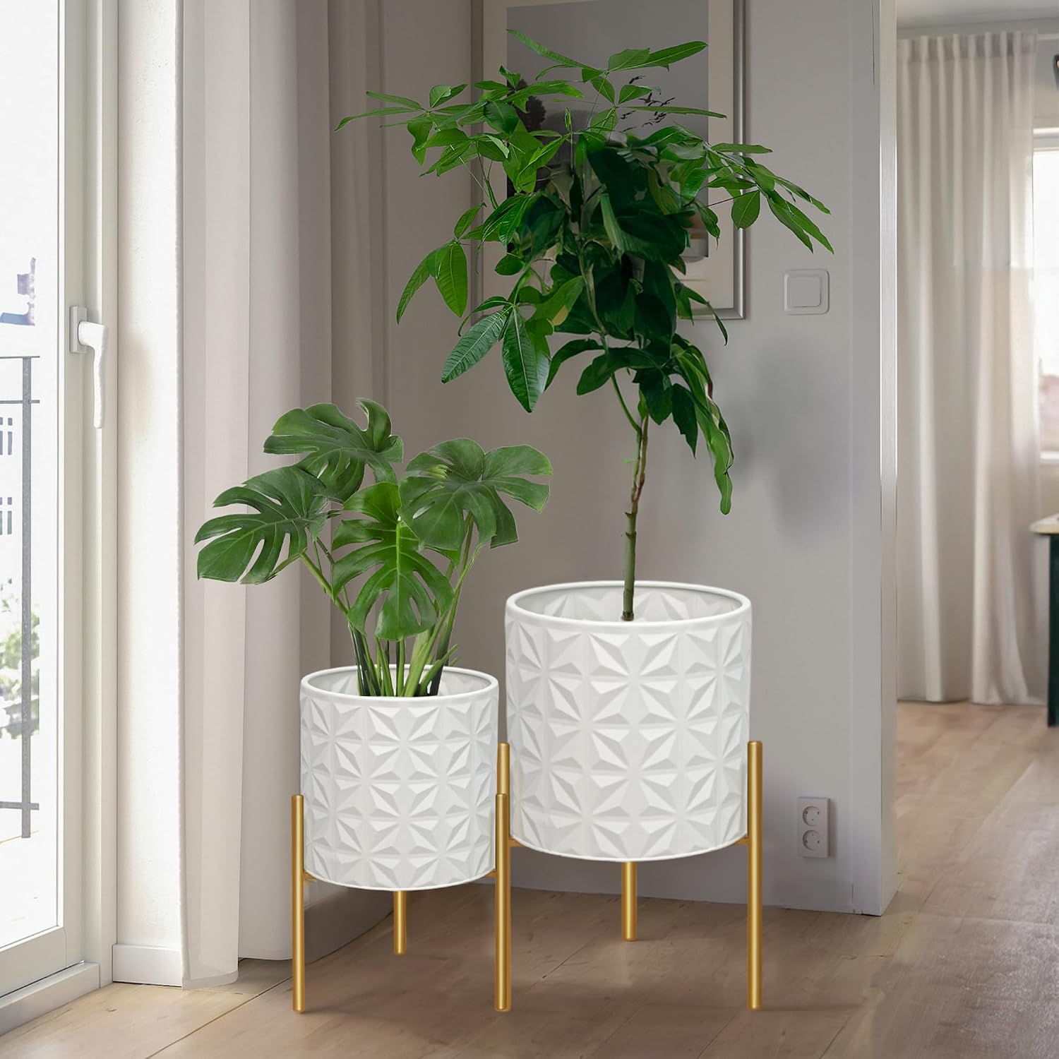 ARNIS Plant Pots with Stand, Set of 2 Indoor Planter Pots, Large Metal Planters with Stand, Mid Century Decorative