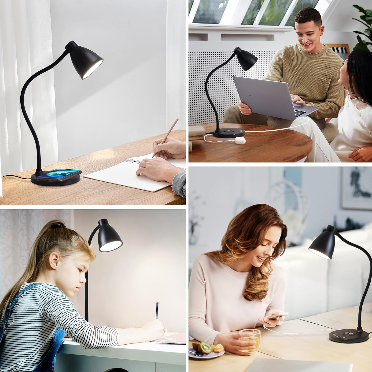 BOHON Desk Lamp for Home Office with USB C+A Charging Ports Timer Black | LED Desk Light with Wireless Charger 5 Colors