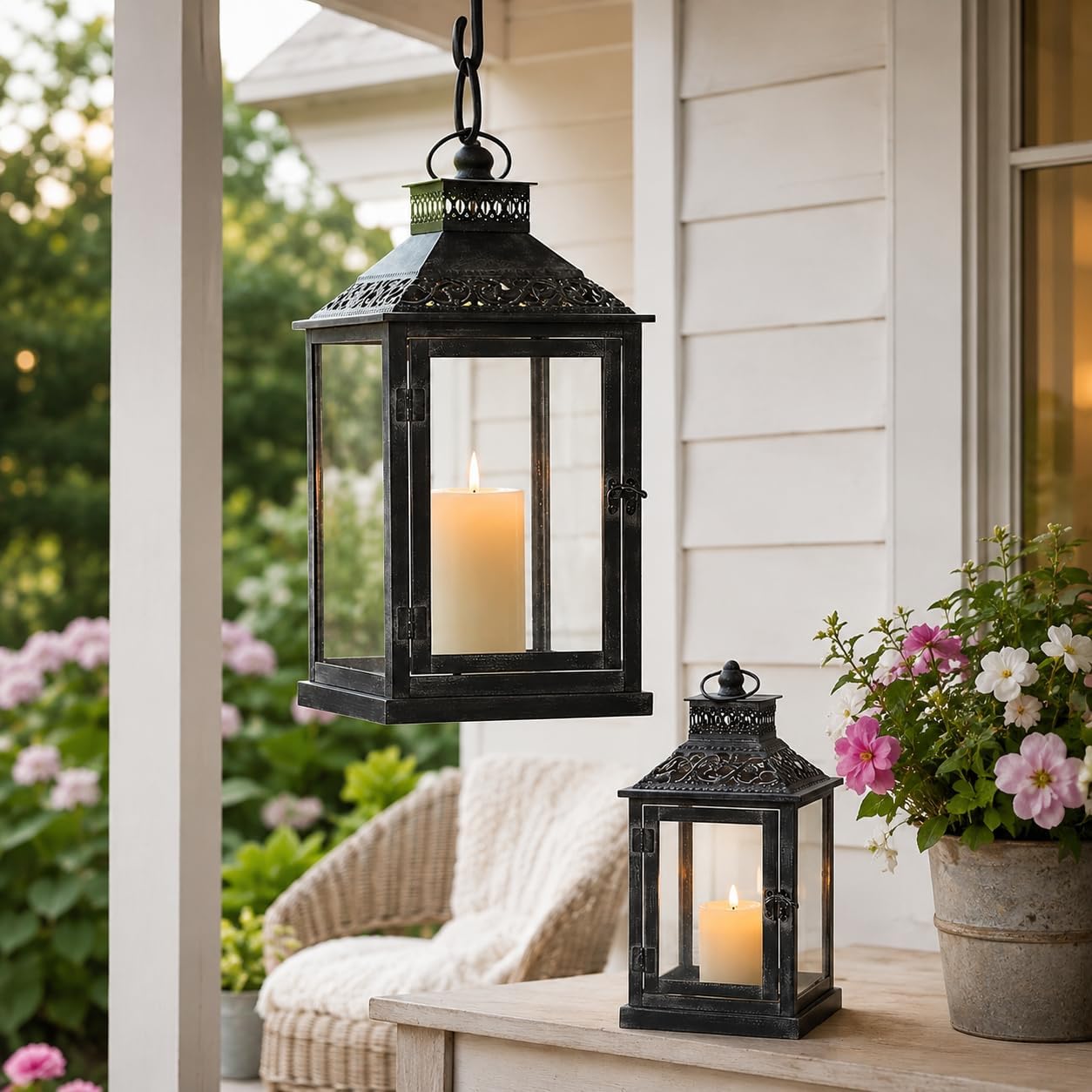 JHY DESIGN Set of 2 Antique Grey Brush Decorative Lanterns Metal Candle Lanterns for Indoor Outdoor Events Paritie and