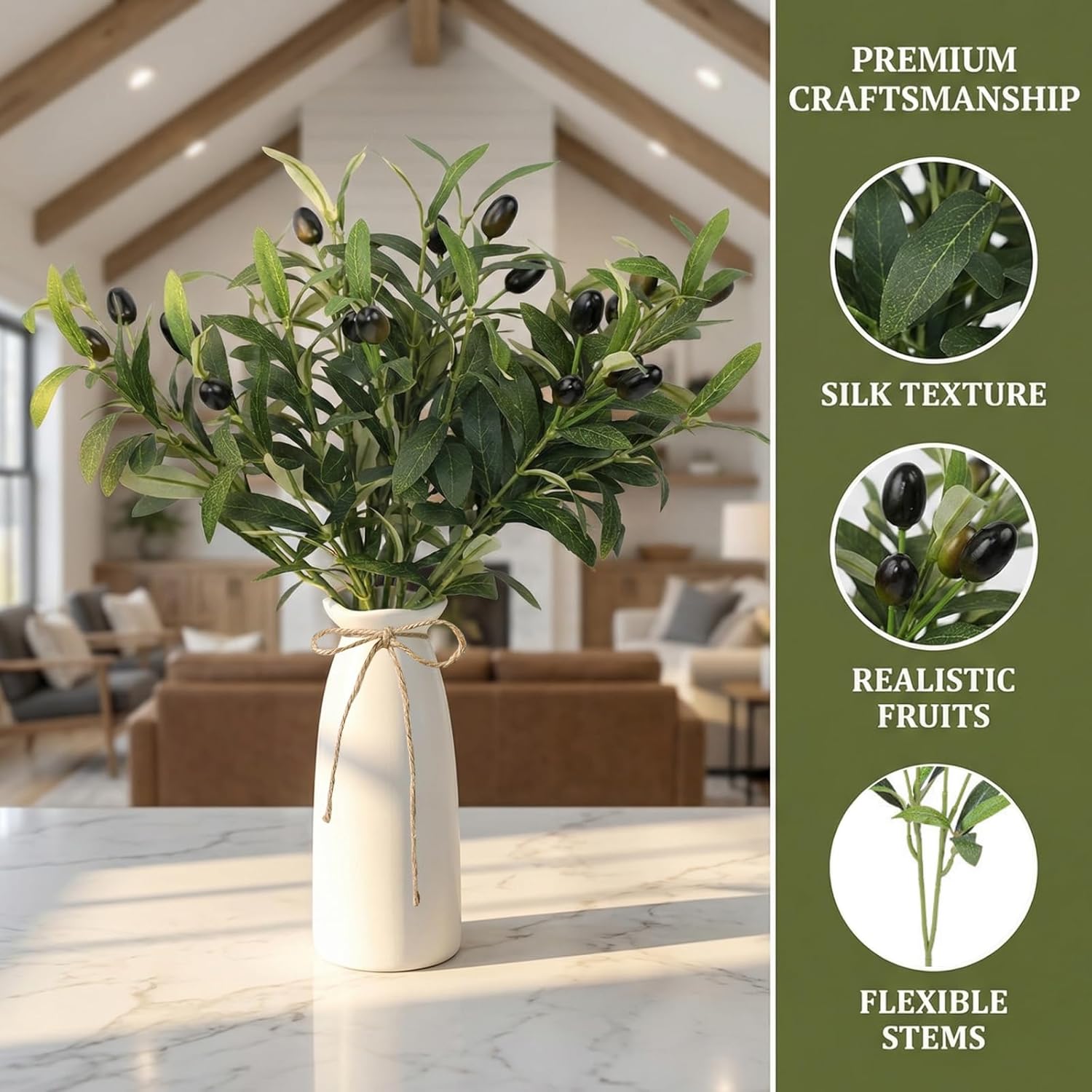 Ceramic Vase / Artificial Plant Olive Branch in Vase / Olive Green / Set of 5