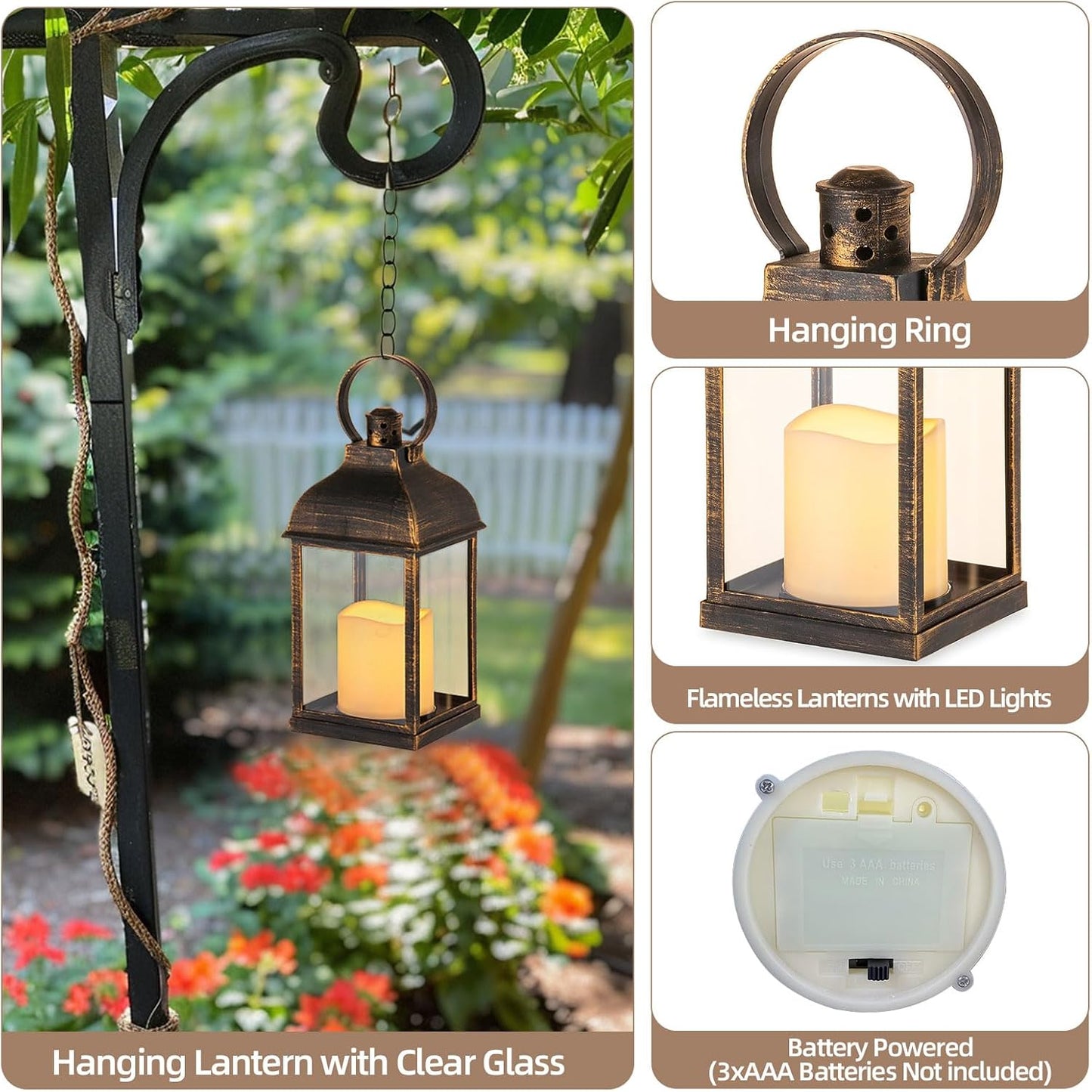 Bronze Small Lanterns with LED Candles, Set of 6 Wedding Decor | Antique Bronze Rustic Lanterns with Glass Panels