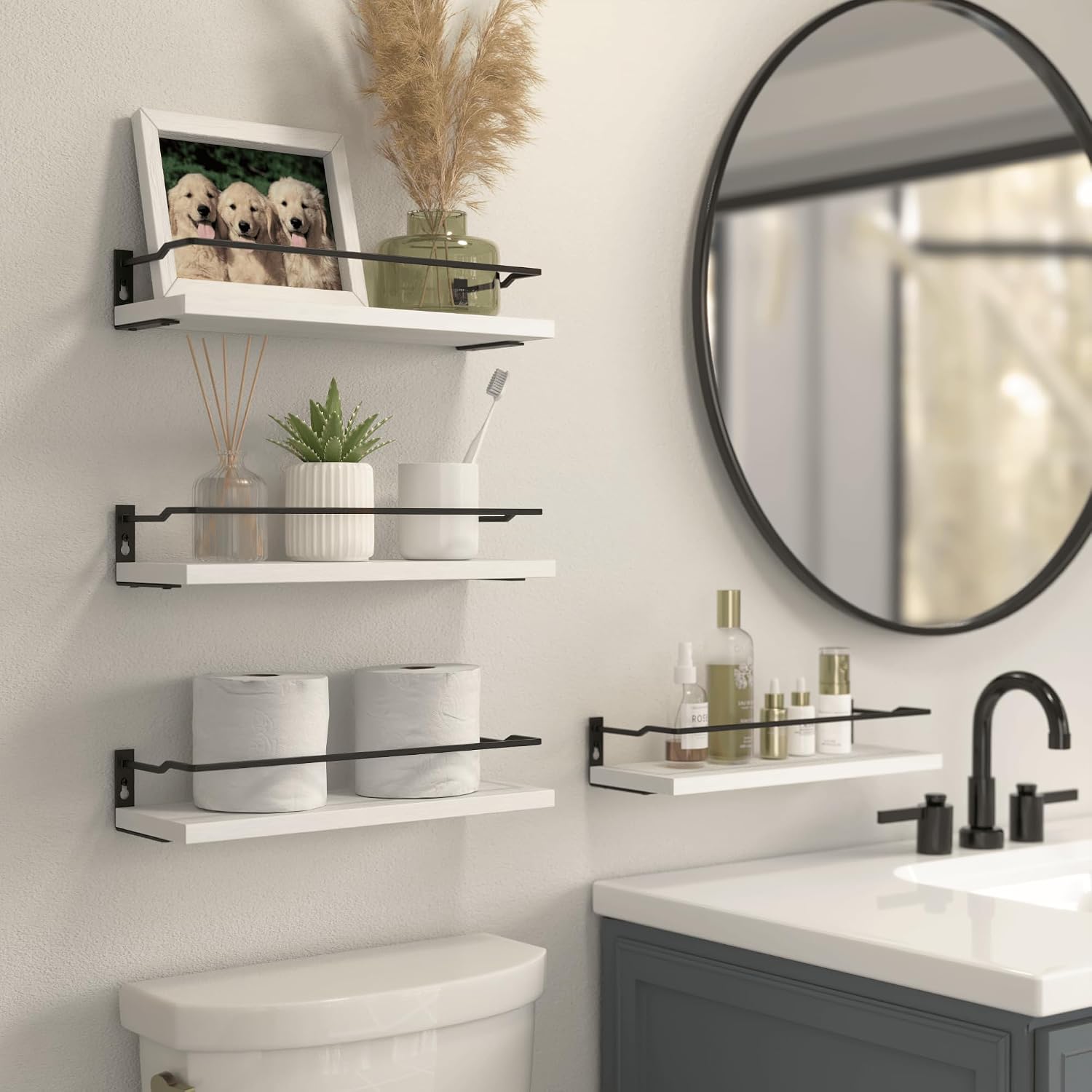 RICHER HOUSE White Bathroom Floating Wall Shelf Set of 4, Small Organizer Over Toilet Storage, Guard-Rail Kitchen