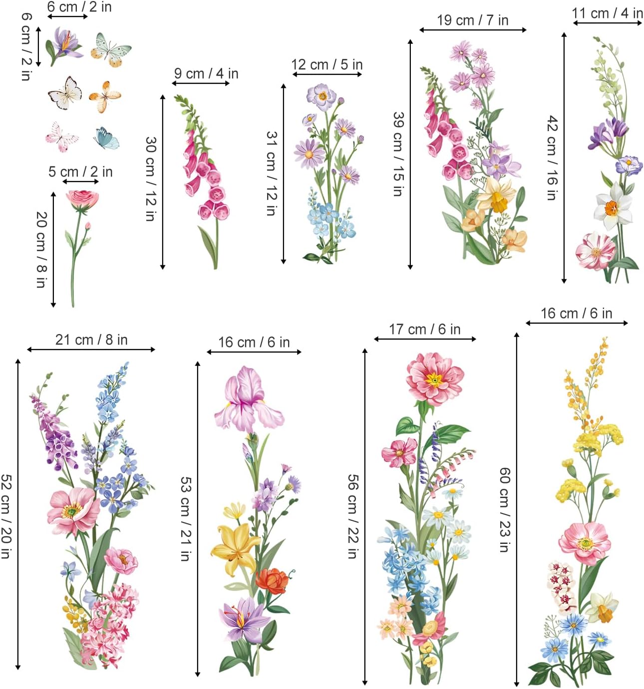 Garden Flower Wall Stickers Wildflower Iris Daisy Floral Butterflies Peel and Stick Wall Art Decals