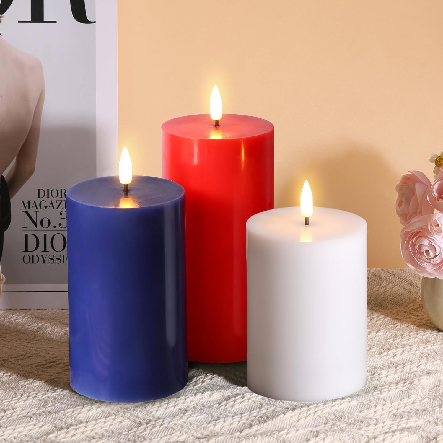 Red White Blue Patriotic Flameless Pillar Candles with Remote Set of 3 | Flickering LED Wax Candles, Flat Top, 2 AA