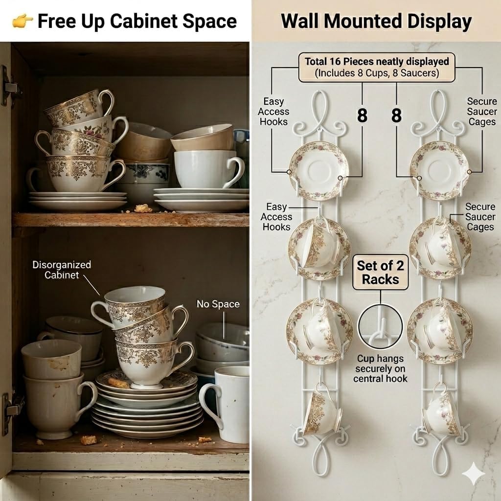 HOHIYA Wall Mount Tea Cup Rack 2 Pack Coffee Mug Organizer White | Organizes teacups, coffee mugs and saucers while