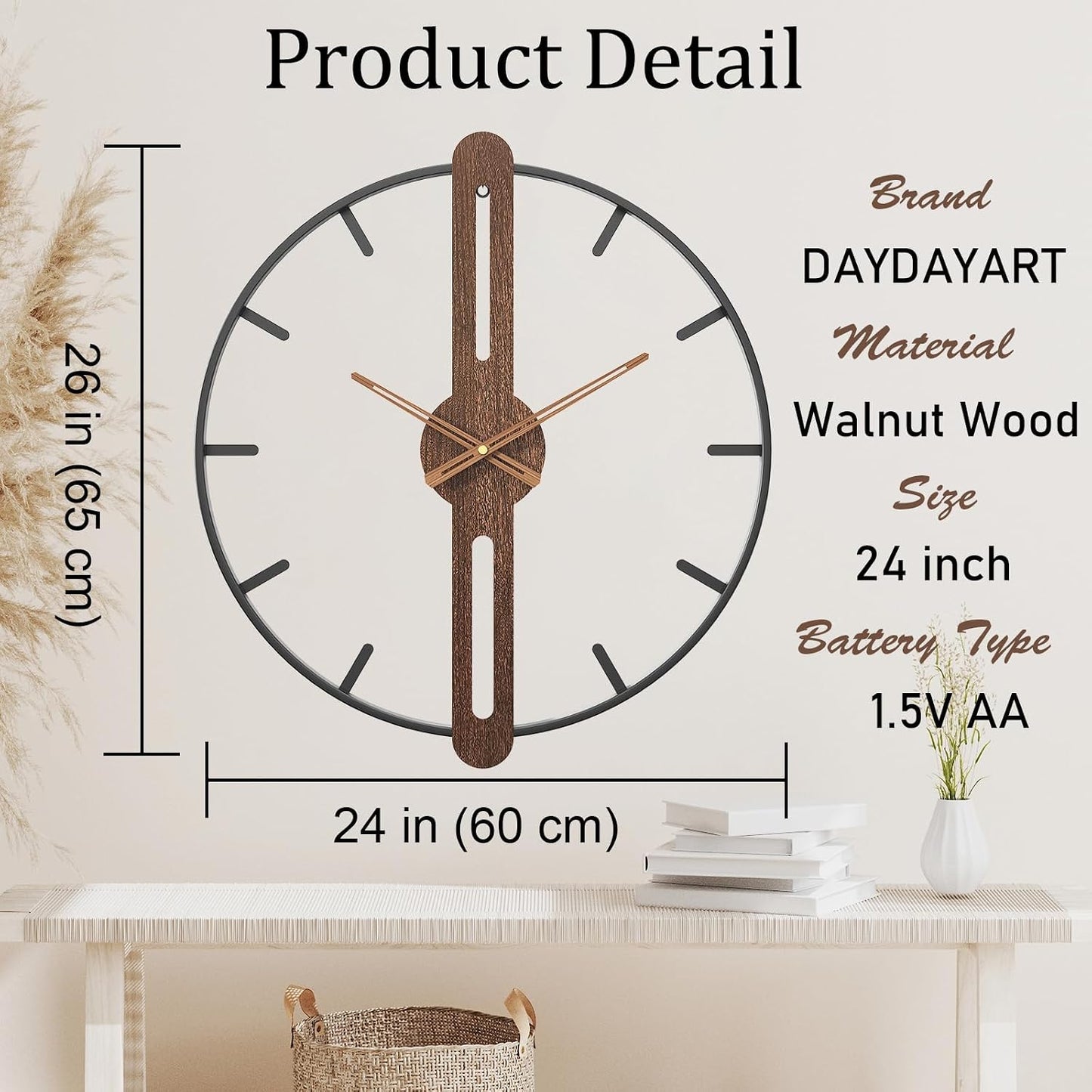 Modern Walnut Dial Wall Clock, Wood Large Wall Clock Decor Metal Frame Silent Non Ticking for Living Room, Bedroom