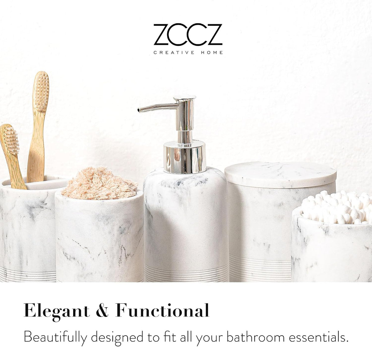 White Marble Bathroom Accessories Set 6 Pieces - Toothbrush Holder, Lotion Dispenser, Qtip Container, Vanity Tray