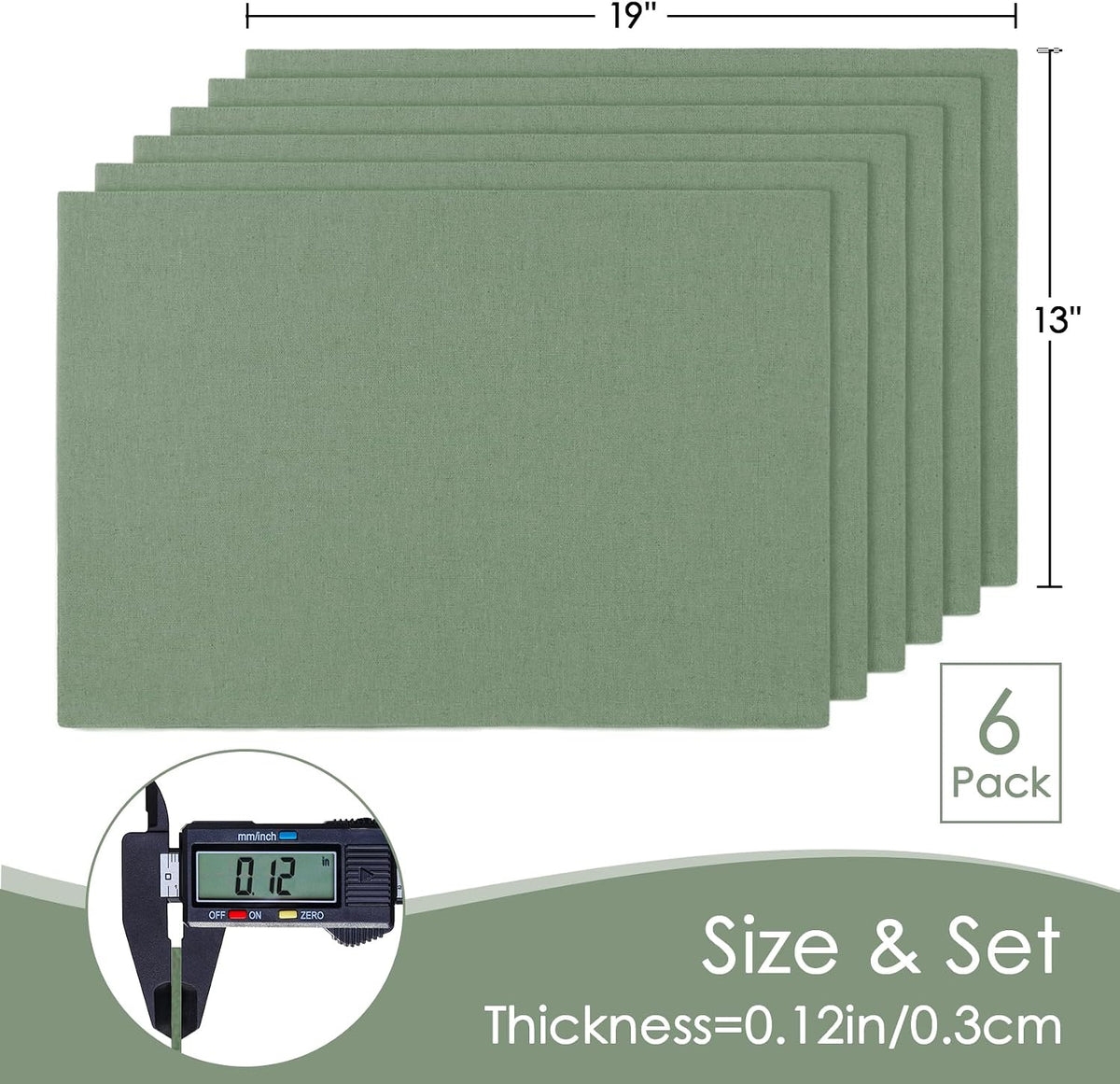 MANSPHIL Sage Green Placemats Set of 6 13x19 Cotton Faux Linen Place Mats | Washable Green Cloth Table Mat, Oeko Tex