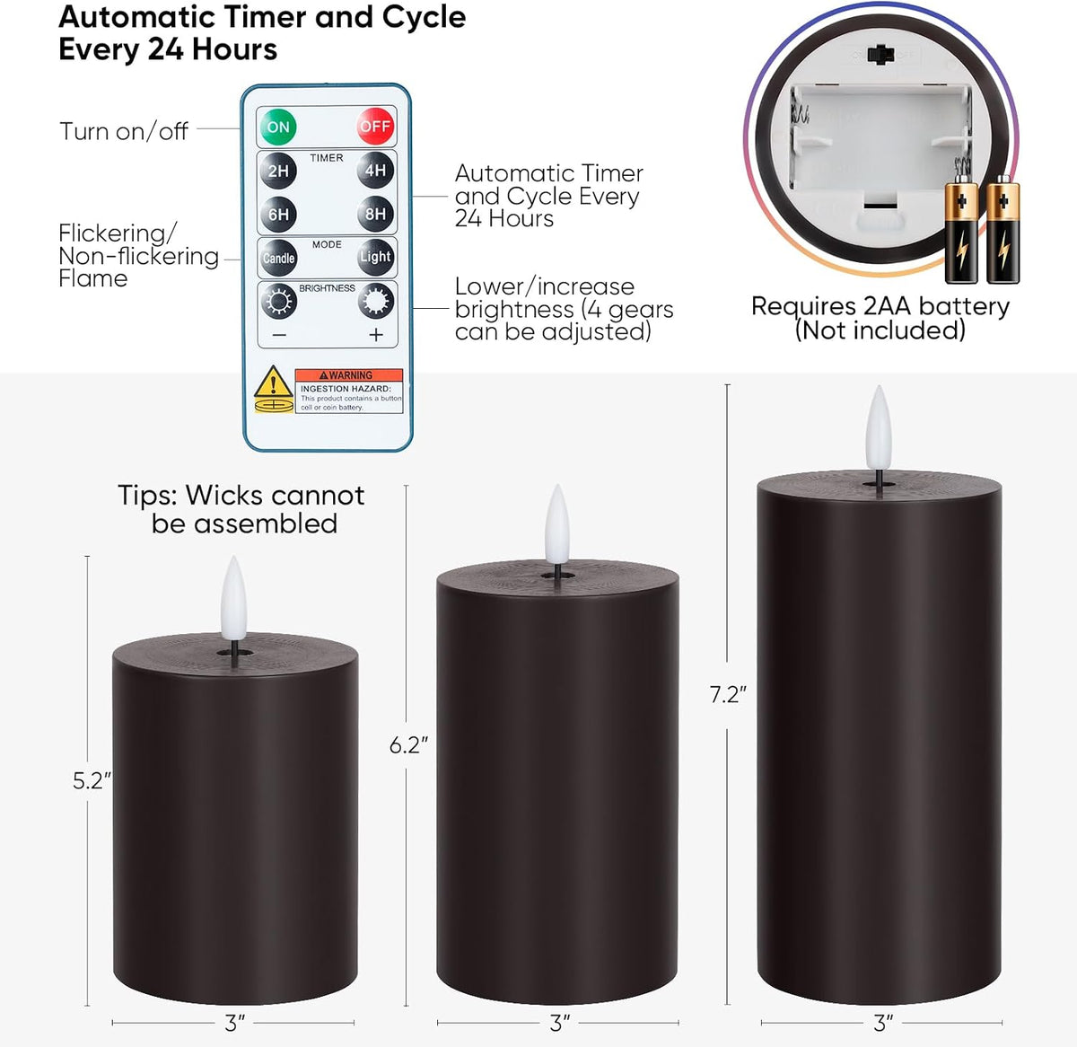 Homemory Black Flameless Candles Battery Operated with Remote Timer, 3PC | Rael Wax LED Pillar Candles with Realistic