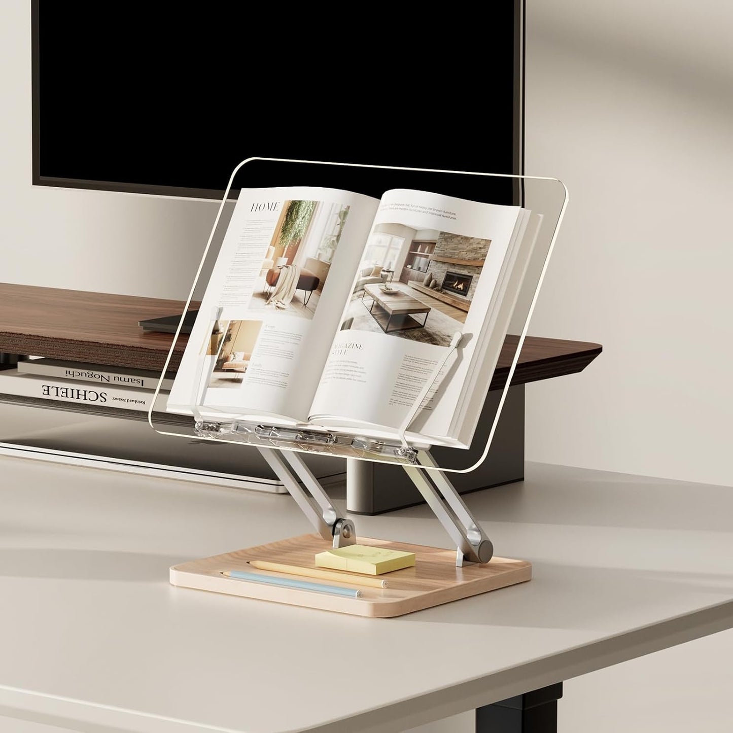 Acrylic Book Stand with Storage Base, Dual Aluminum Arm Reading Holder | Non-Slip Silicone Clips, Hands-Free Reading