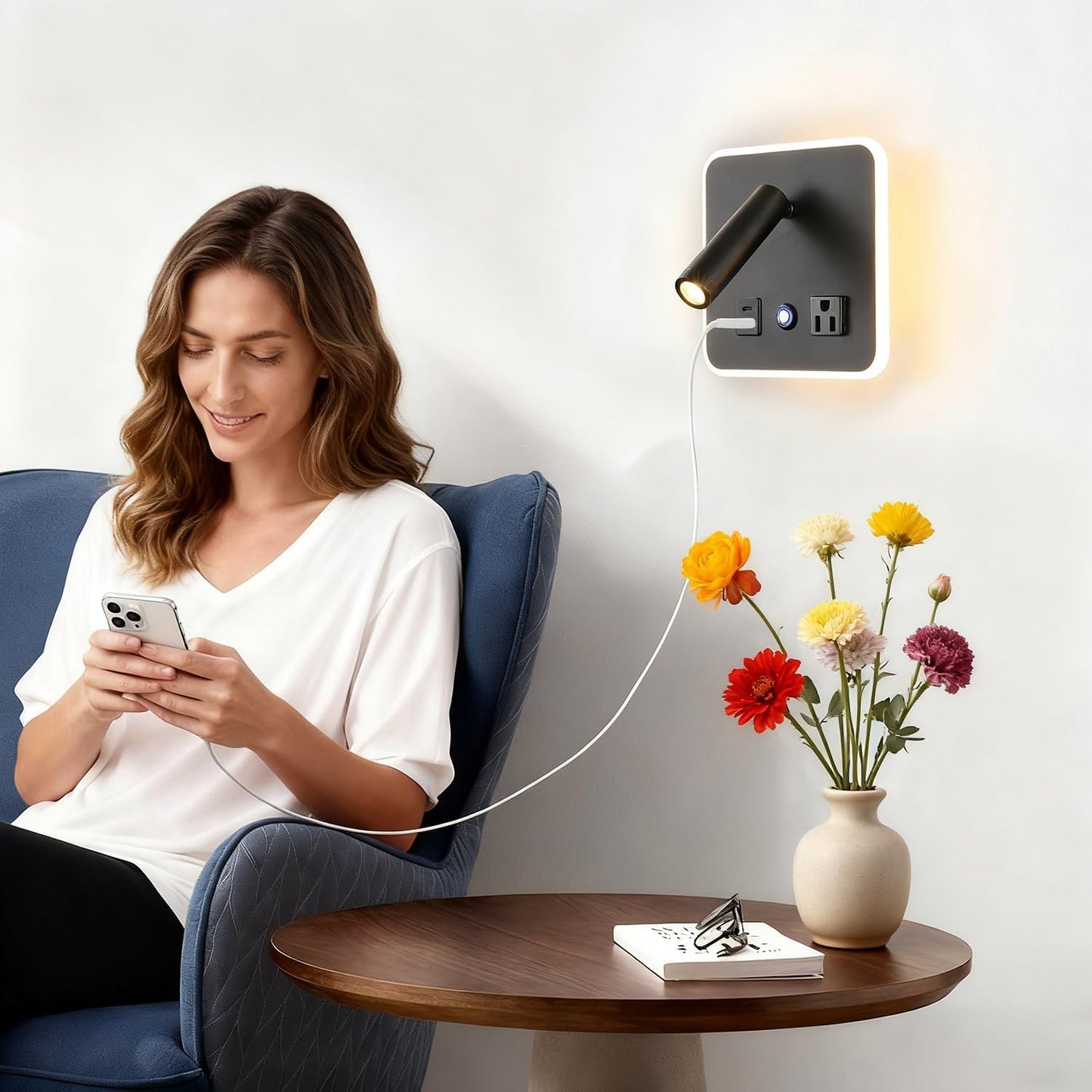 Dimmable LED Wall Reading Lamp with USB-A/USB-C Ports, 3000K, Black | Separate reading and ambient backlight controls