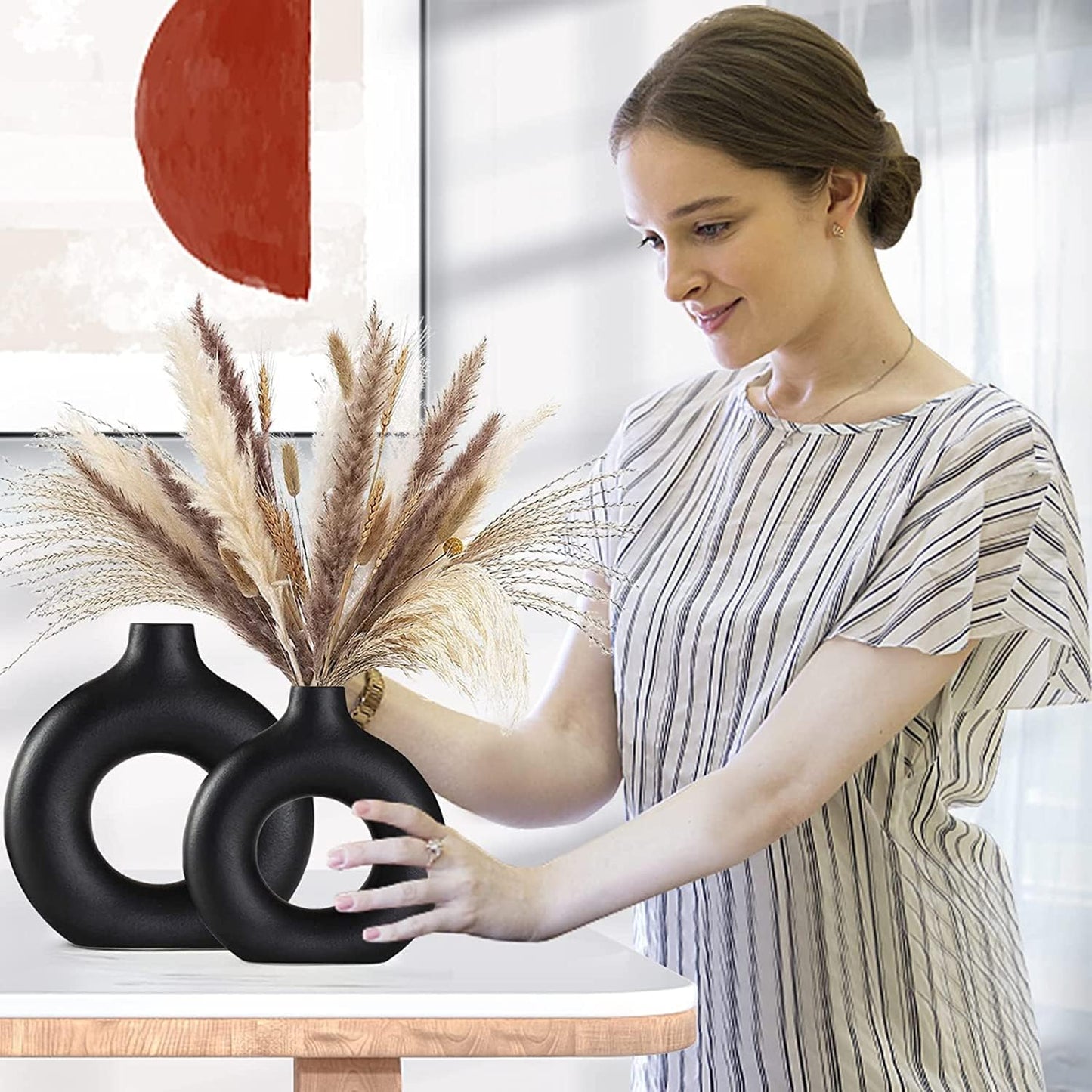 Ceramic Vases / Modern Round Vase Rustic Home Decor / Black / Big + Super Big / Set of 2