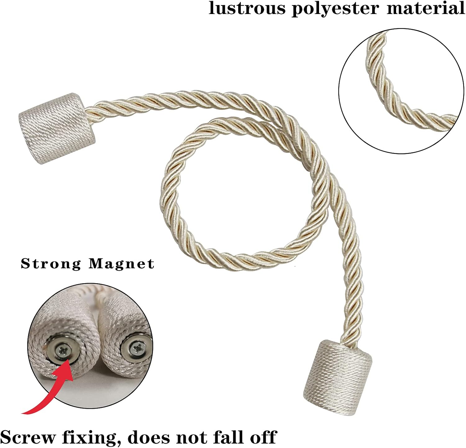 6 Pack Beige Strong Magnetic Curtain Tiebacks Outdoor Elegant Decorative Tie Backs Modern Rope Tiebacks for Drapes