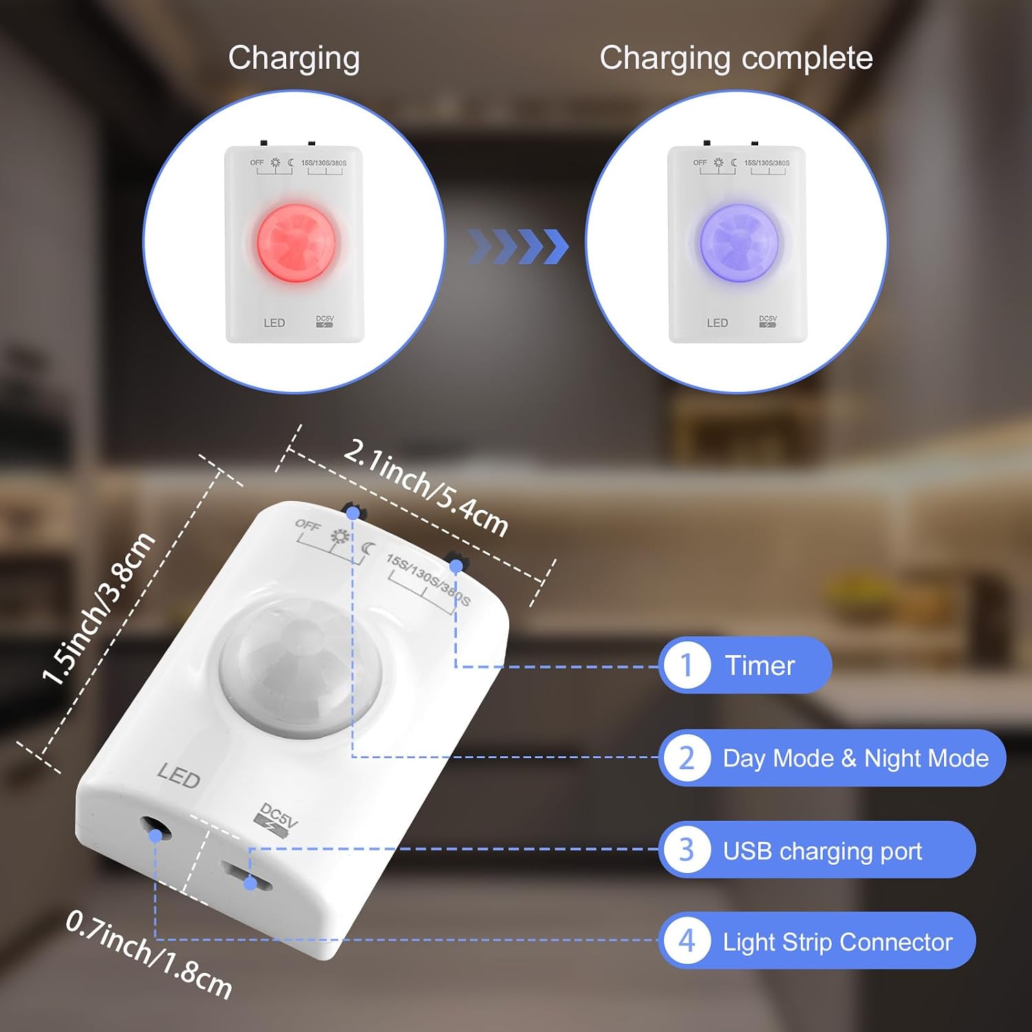 LUXJET Rechargeable LED Strip with Motion Sensor (2Pack-3.3FT, Warm White) | Motion Activated, 1500mAh Battery