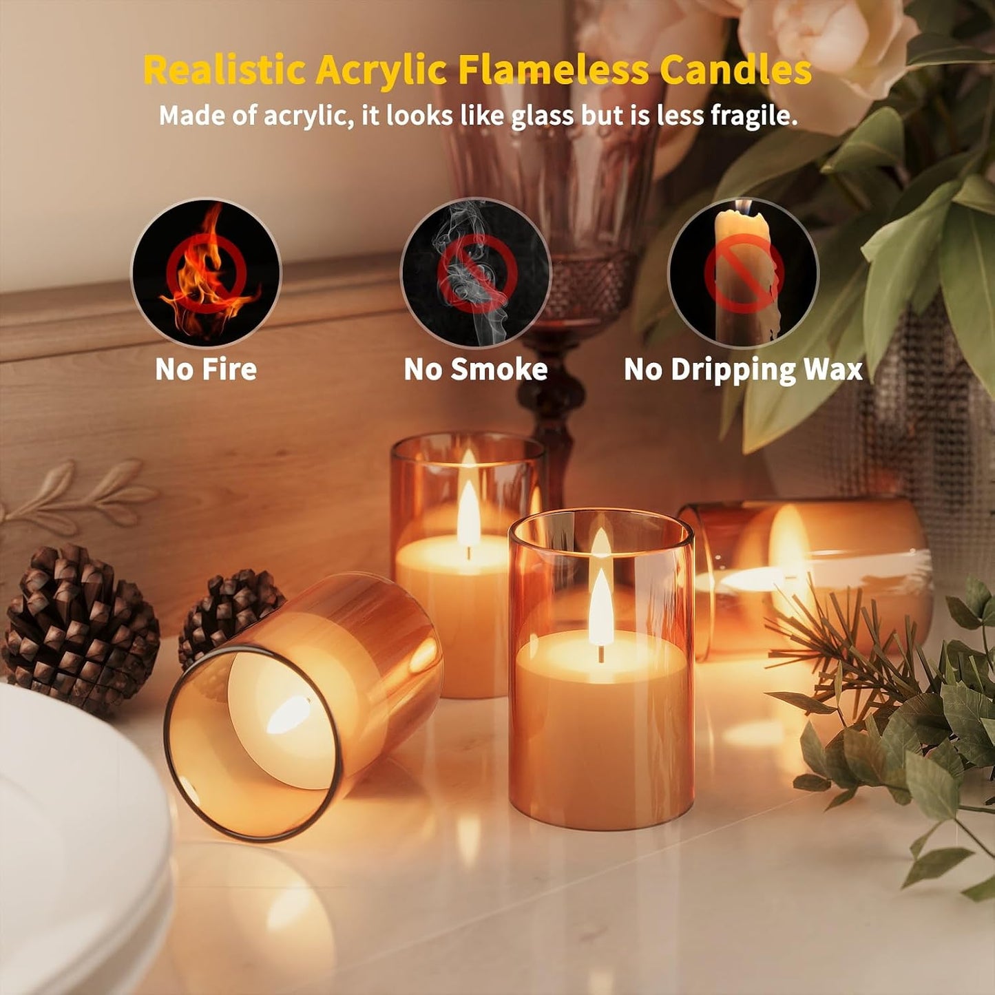 12Pack Flameless LED Candles with Timer, Battery Operated, Gold, 2"x3" | Small Pillar & Votive Candle with Realistic