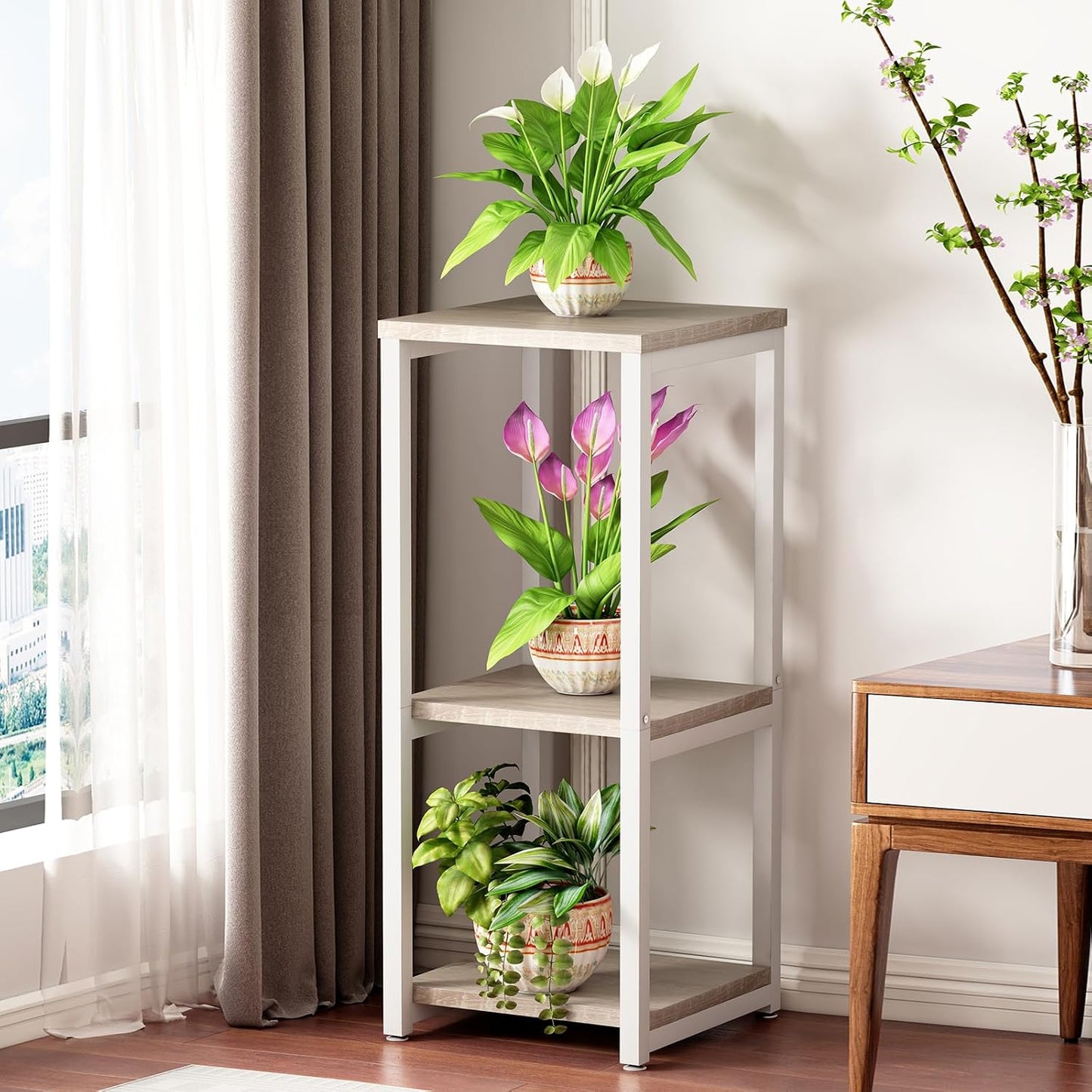 3 Tier Plant Stand Indoor Corner Tall Square Shape Plant Shelf | Modern Metal MDF board Flower Storage,Suitable tight