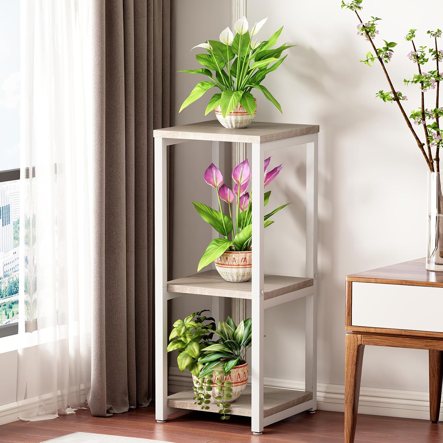 3 Tier Plant Stand Indoor Corner Tall Square Shape Plant Shelf | Modern Metal MDF board Flower Storage,Suitable tight