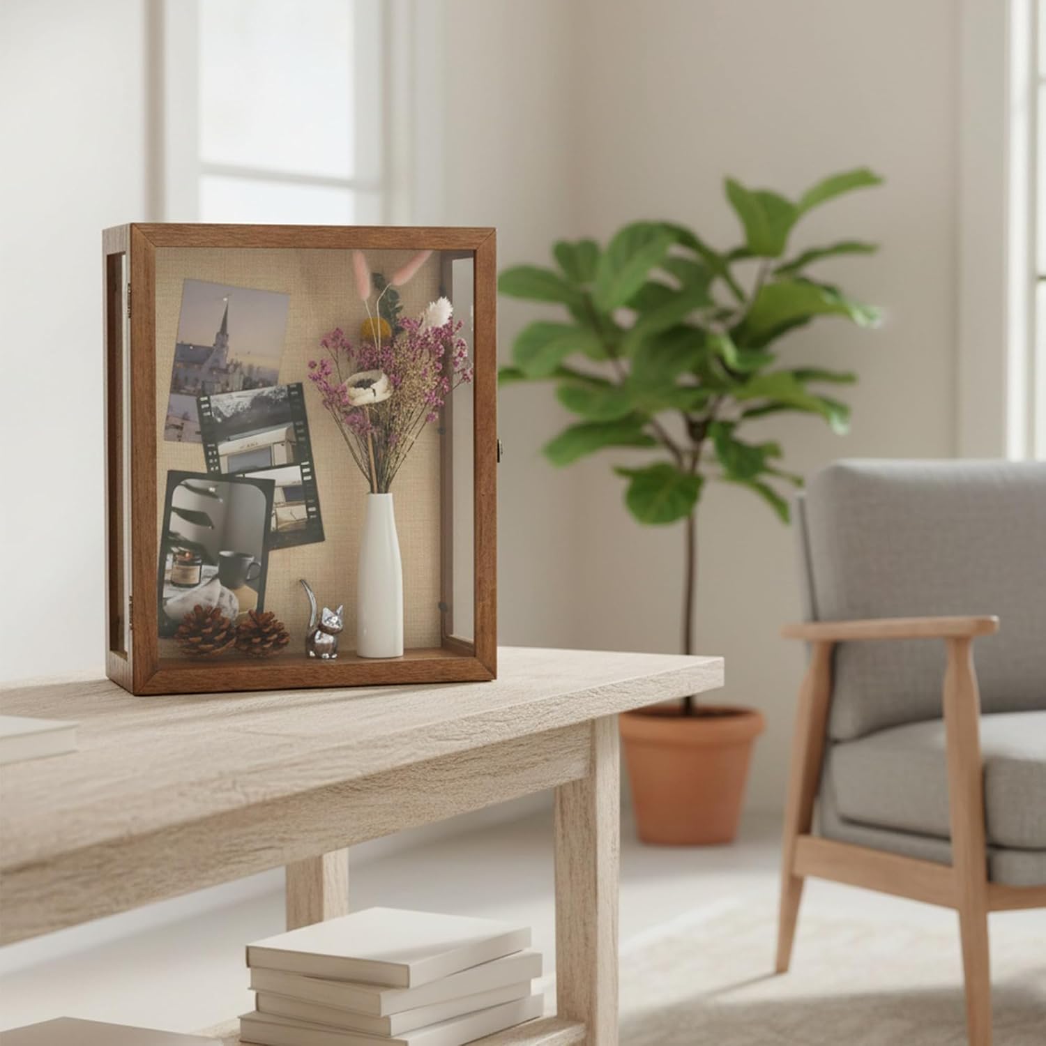 13x16x6 Extra Deep Shadow Box with 3 Removable Panels,Carbonized | Wood Display Case for Wall Mounted or Tabletop