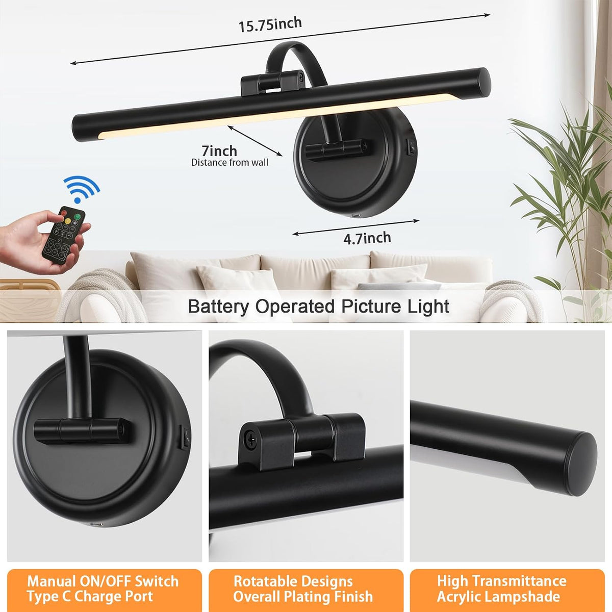 Tassuowell Rechargeable Picture Light for Wall, Cordless Art Lights Battery Operated, Dimmable Wall Light with Remote &