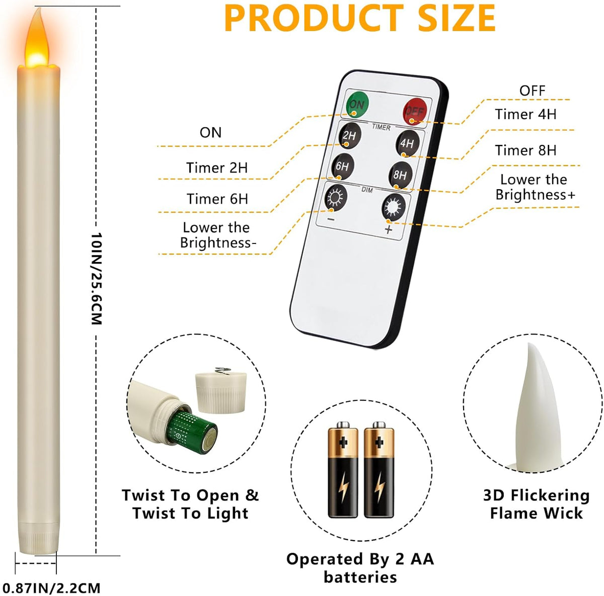 wemarry 10" Flameless Taper Candles with Remote, Electric Led Candlesticks, Plastic Tall Taper Candles Battery Operated