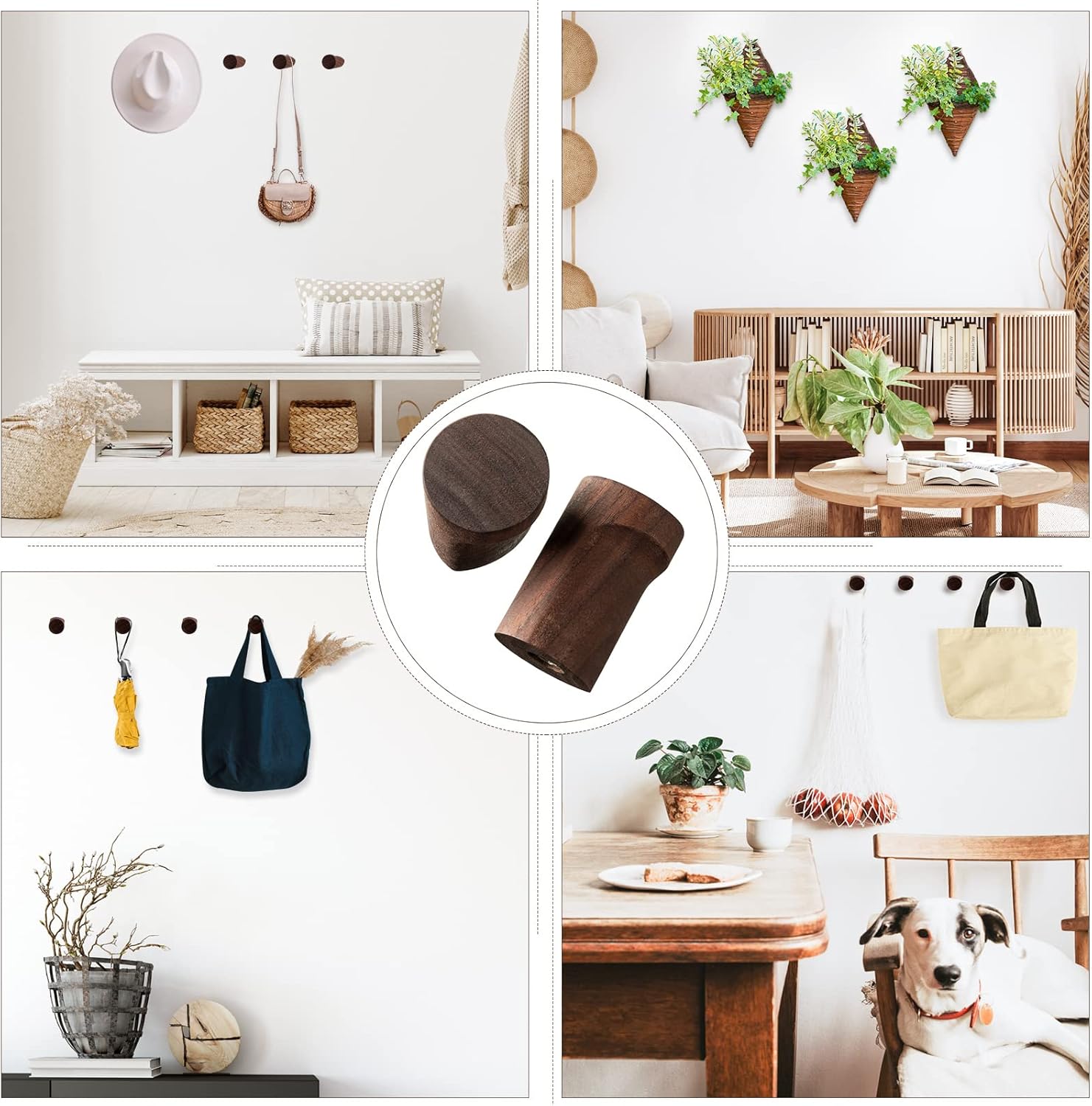 Walnut Wood Wall Hooks Wooden Coat Hooks Wall Mounted Handmade Rustic / Natural / Set of 12